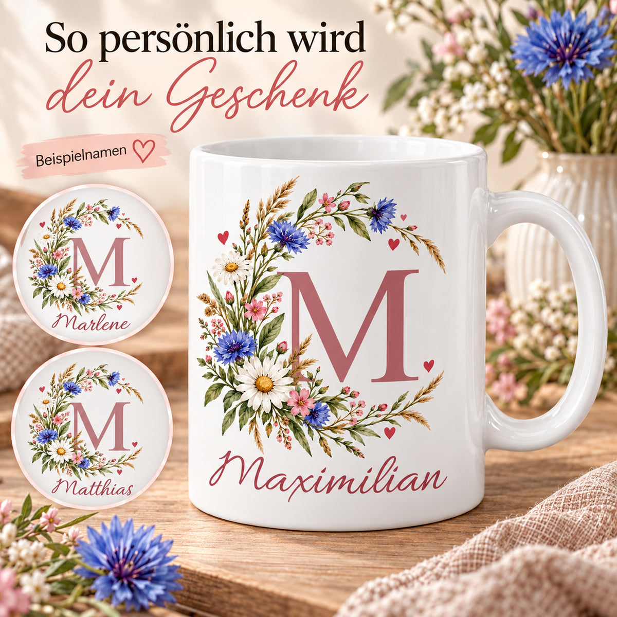 Weiße personalisierte Keramiktasse Wiesenbogen mit floralem Monogramm – Personalisierungsbeispiele