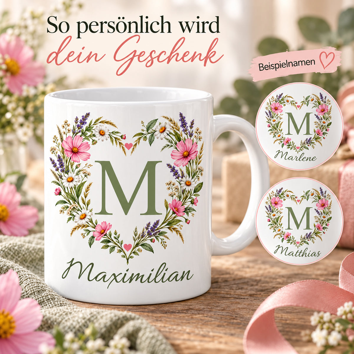 Weiße personalisierte Keramiktasse Blütenherz mit floralem Monogramm – Personalisierungsbeispiele