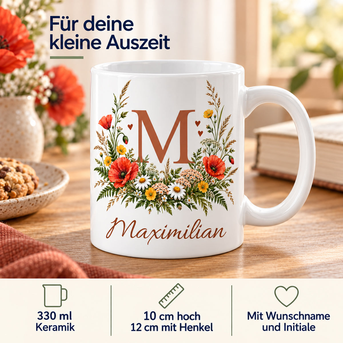 Weiße personalisierte Keramiktasse Wiesenstrauß mit floralem Monogramm – Eigenschaften