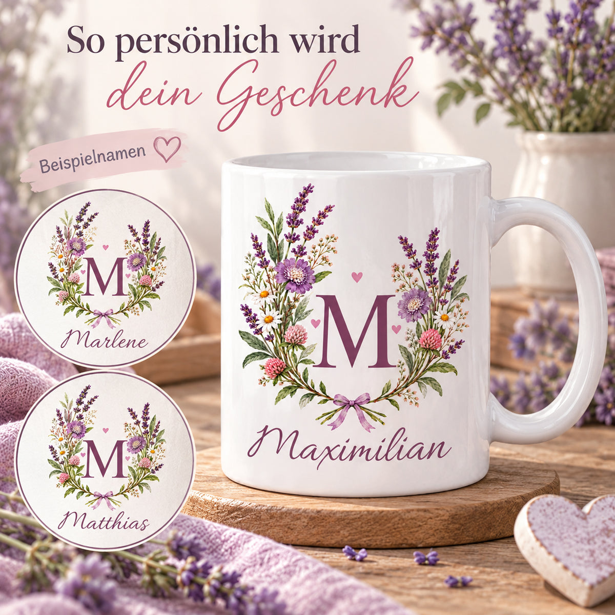 Weiße personalisierte Keramiktasse Lavendelduett mit floralem Monogramm – Personalisierungsbeispiele