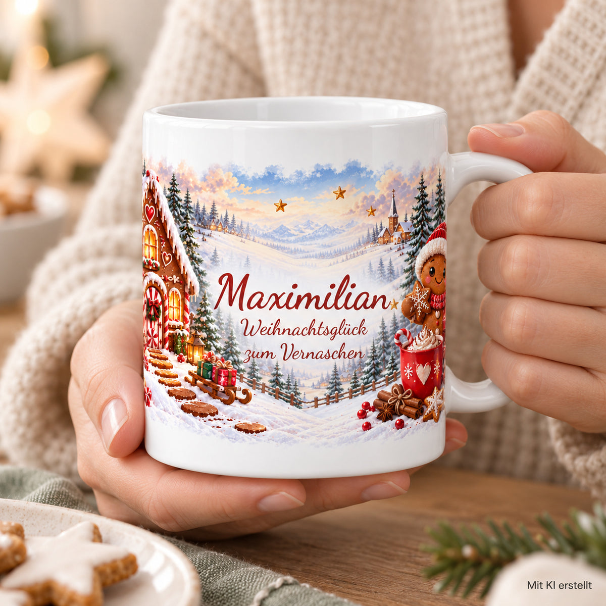 Weihnachtstasse Lebkuchen mit Namen – Keramik, 330 ml – 07-person-using-product