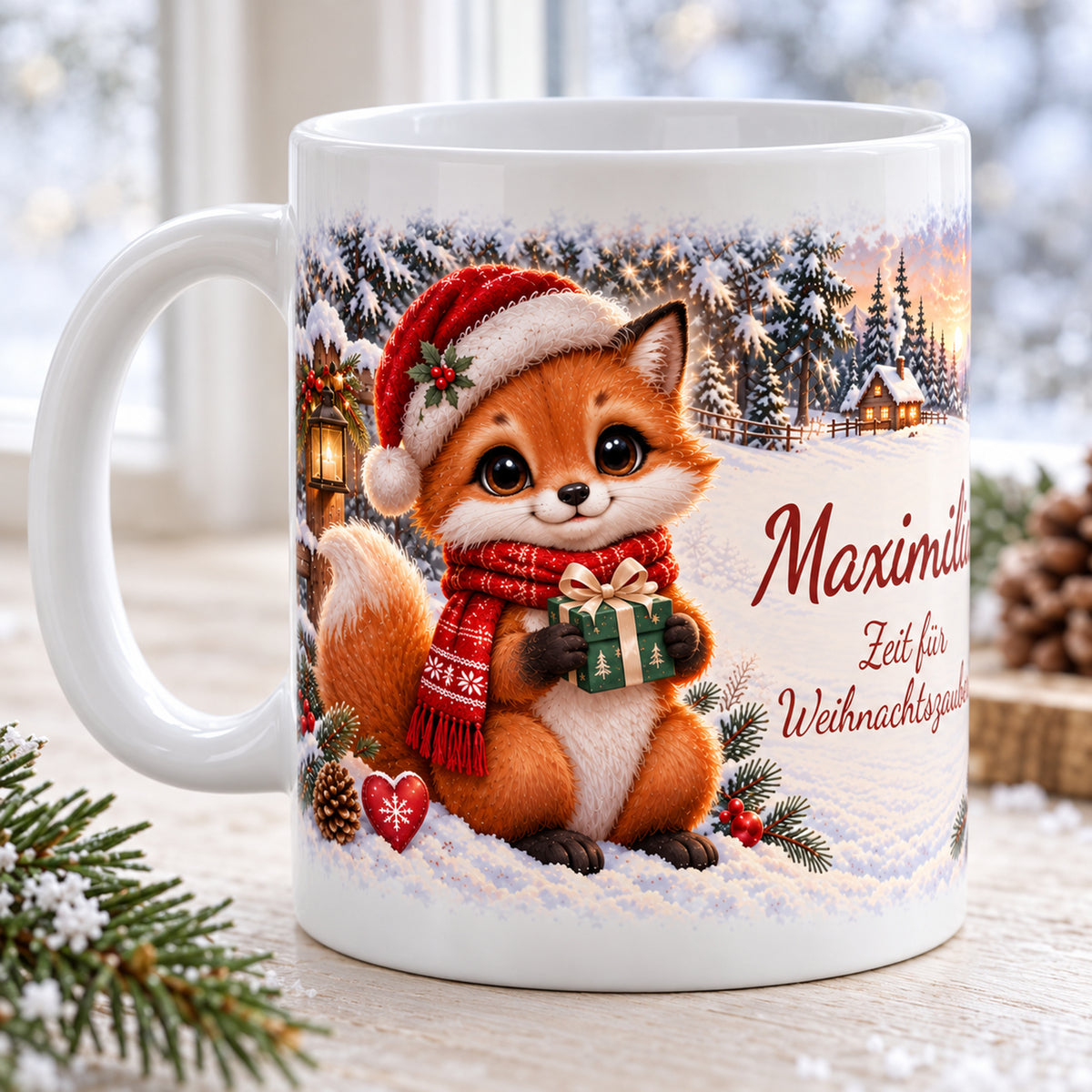Weihnachtstasse Fuchs mit Namen – Keramik, 330 ml – 02-reverse-view
