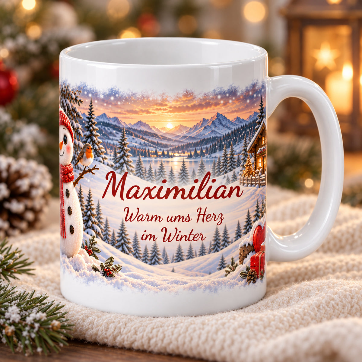Weihnachtstasse Schneemann mit Namen – Keramik, 330 ml – 03-three-quarter-view