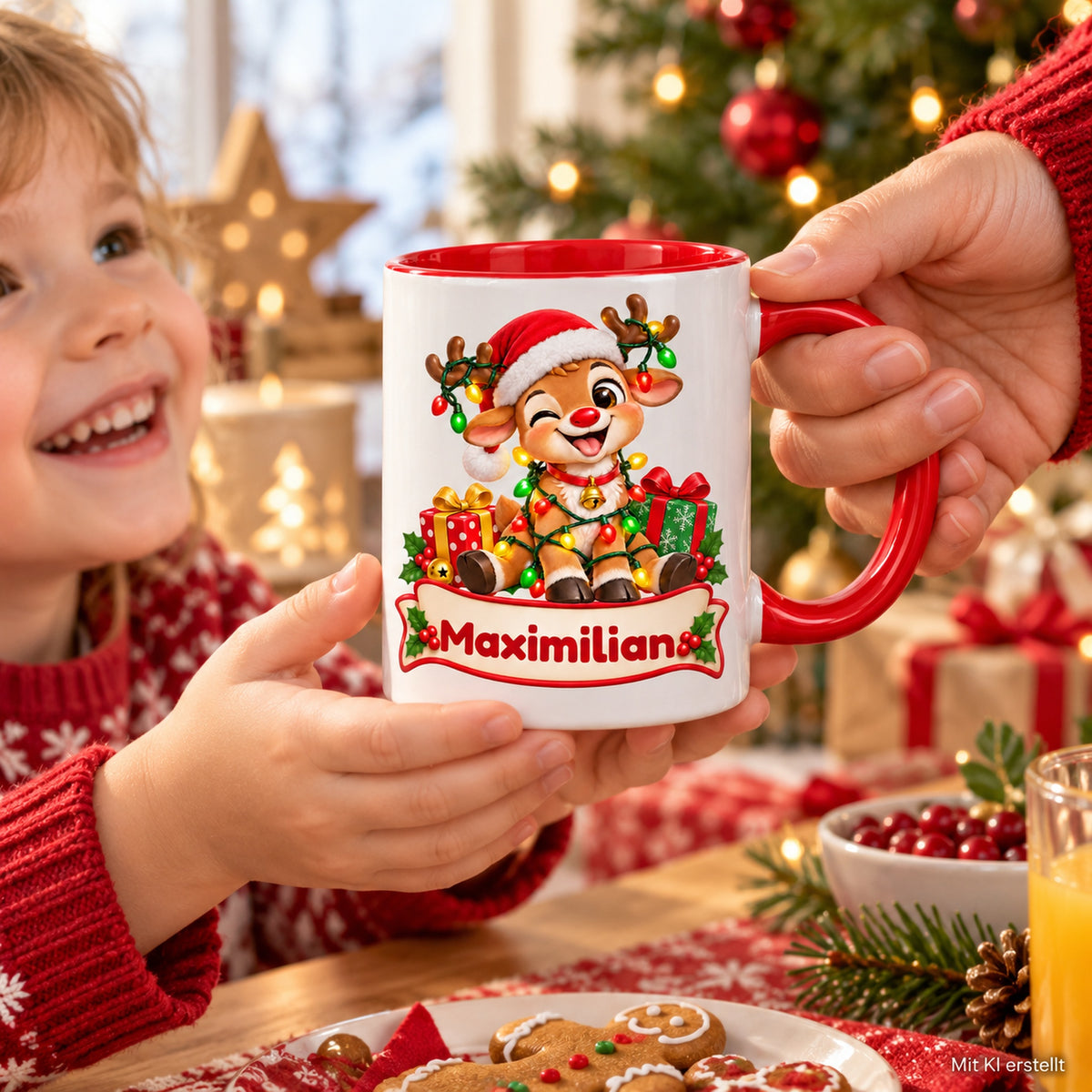 Personalisierte Weihnachtstasse Rentier im Lichterketten-Knoten, außen weiß mit rotem Henkel und roter Innenseite – Tasse in Händen in einer Weihnachtsszene.
