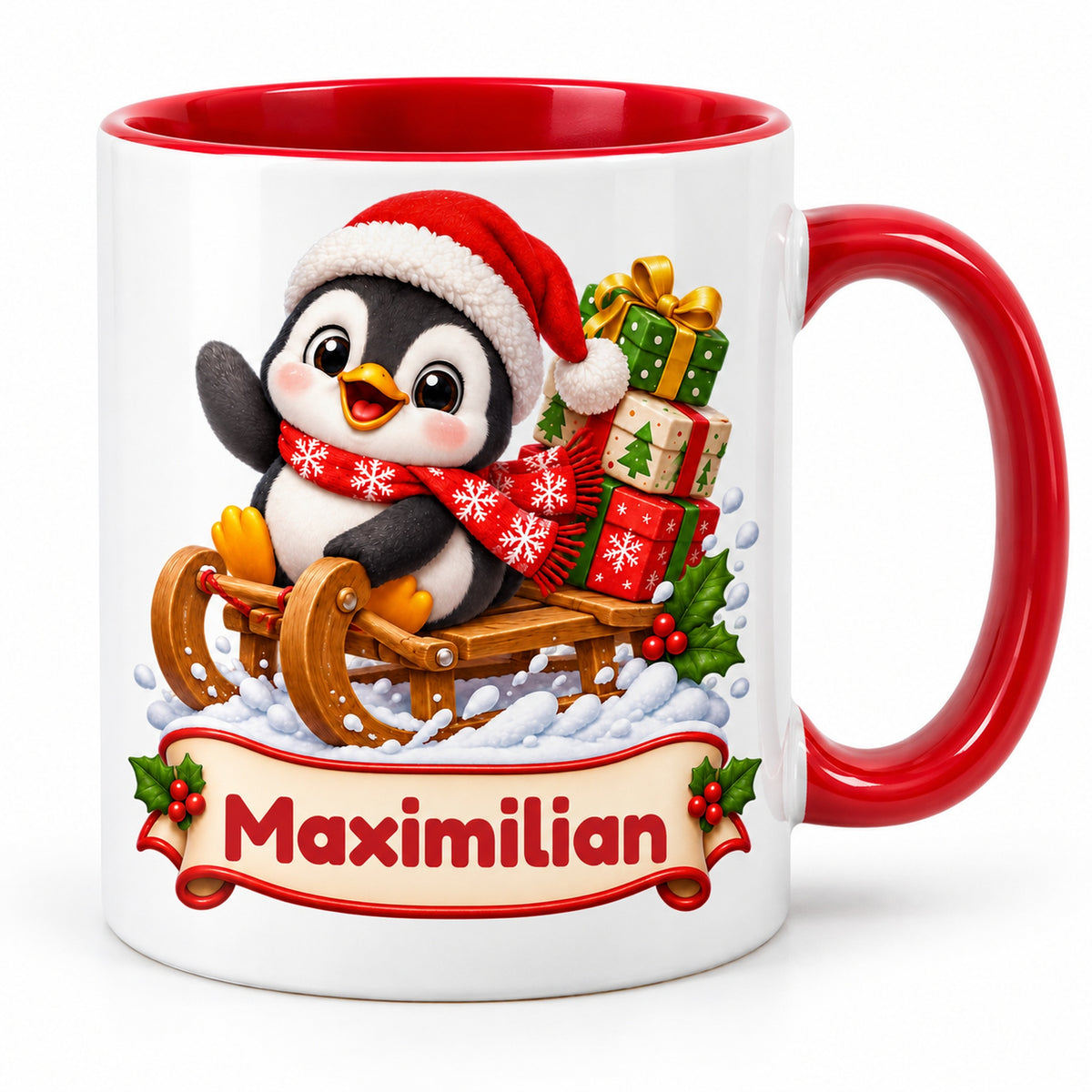 Personalisierte Weihnachtstasse Pinguin auf Geschenkeschlitten, außen weiß mit rotem Henkel und roter Innenseite – Produktfoto vor weißem Hintergrund.