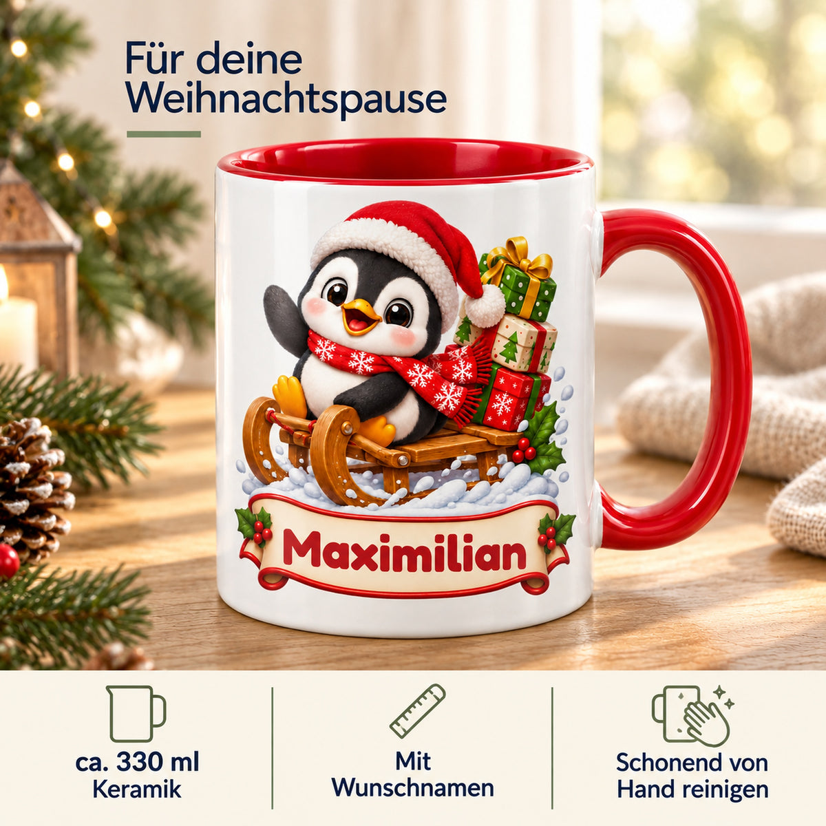 Personalisierte Weihnachtstasse Pinguin auf Geschenkeschlitten, außen weiß mit rotem Henkel und roter Innenseite – Produktdetails mit 330 ml, Keramik und Wunschname.