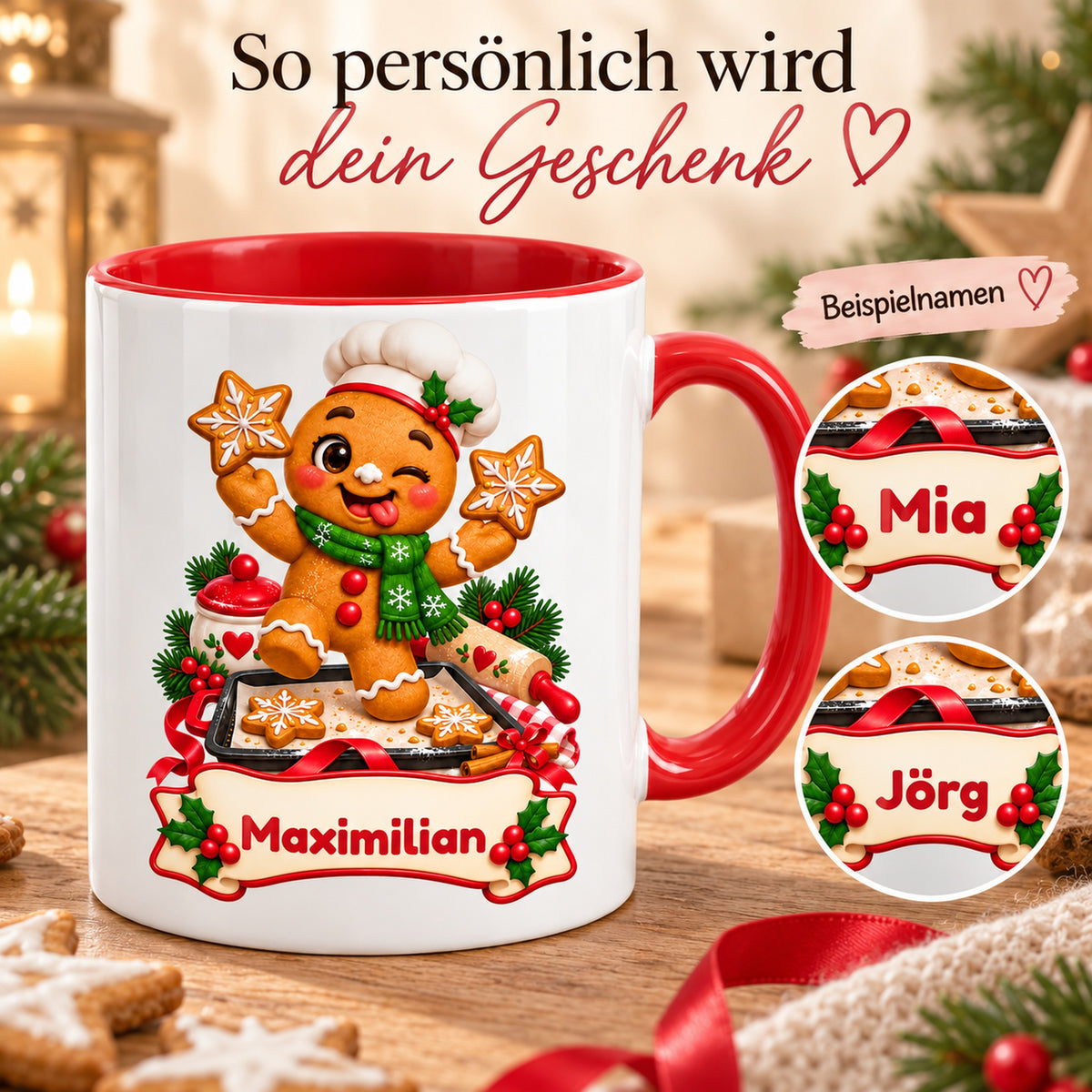 Personalisierte Weihnachtstasse Lebkuchenmann beim Backen, außen weiß mit rotem Henkel und roter Innenseite – Personalisierung mit Maximilian, Mia und Jörg.