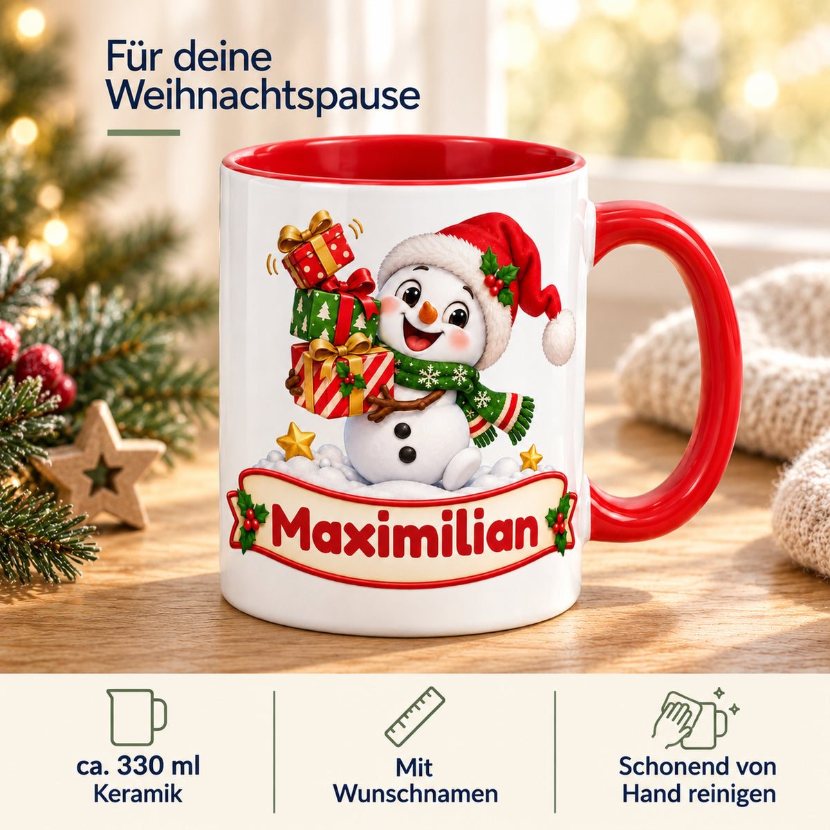 Personalisierte Weihnachtstasse Schneemann mit schiefer Mütze, außen weiß mit rotem Henkel und roter Innenseite – Produktdetails mit 330 ml, Keramik und Wunschname.