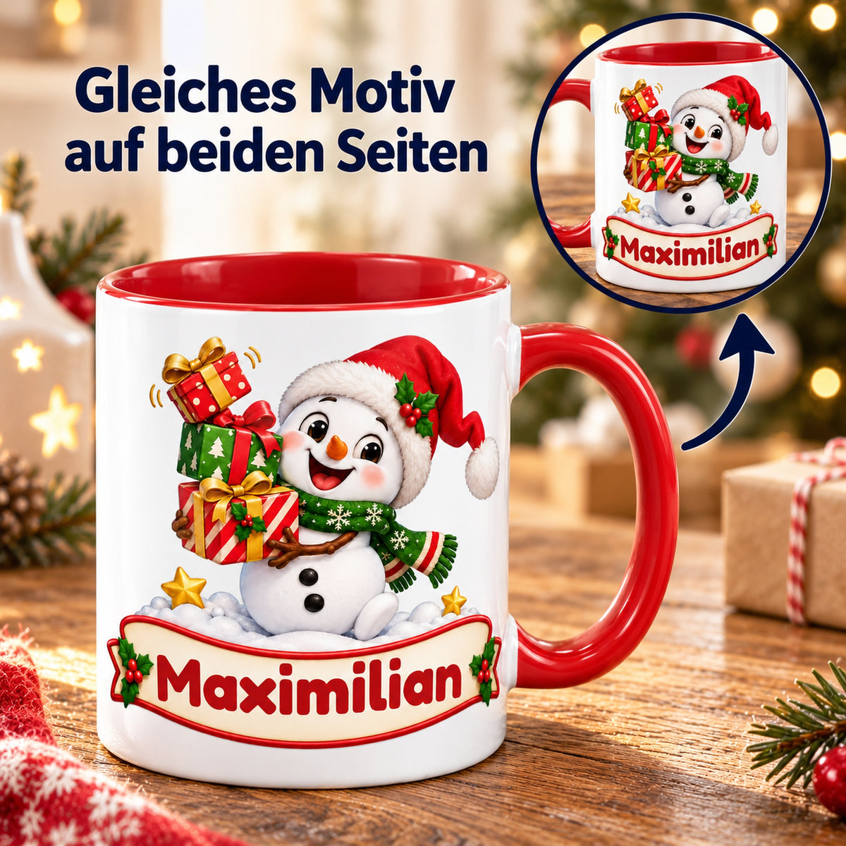 Personalisierte Weihnachtstasse Schneemann mit schiefer Mütze, außen weiß mit rotem Henkel und roter Innenseite – beidseitiger Druck mit Detailansicht.