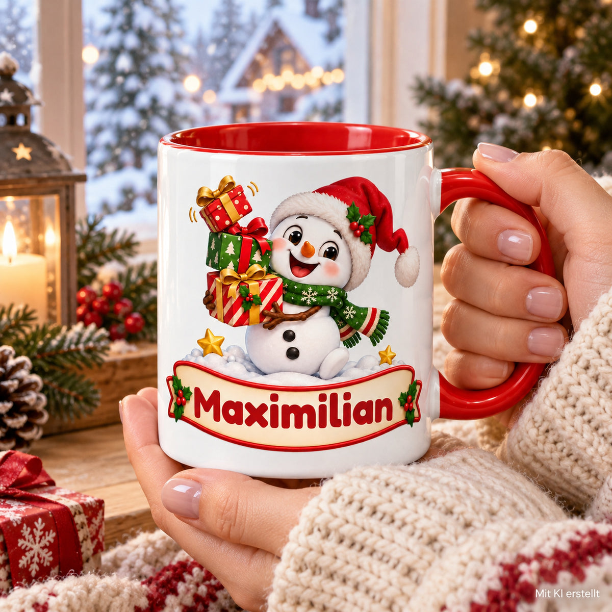 Personalisierte Weihnachtstasse Schneemann mit schiefer Mütze, außen weiß mit rotem Henkel und roter Innenseite – Tasse in Händen in einer Weihnachtsszene.