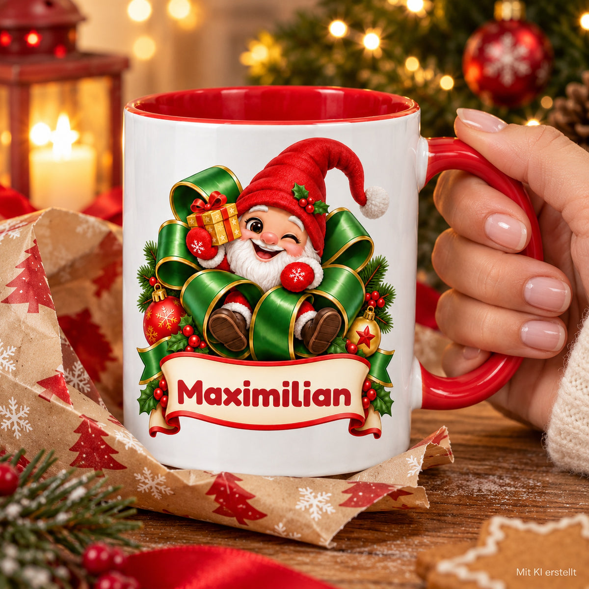 Personalisierte Weihnachtstasse Wichtel im Geschenkband, außen weiß mit rotem Henkel und roter Innenseite – Tasse in Händen in einer Weihnachtsszene.