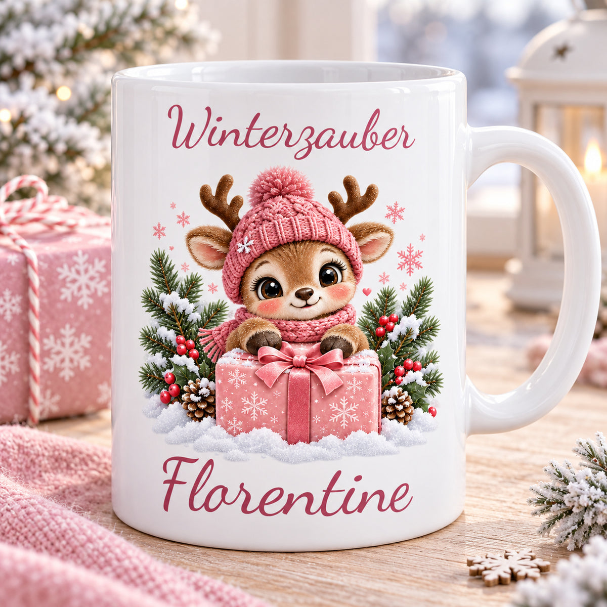 Tasse Rentier mit Namen – Mit Geschenk Rosa – Produktansicht 8, Beispielname Florentine