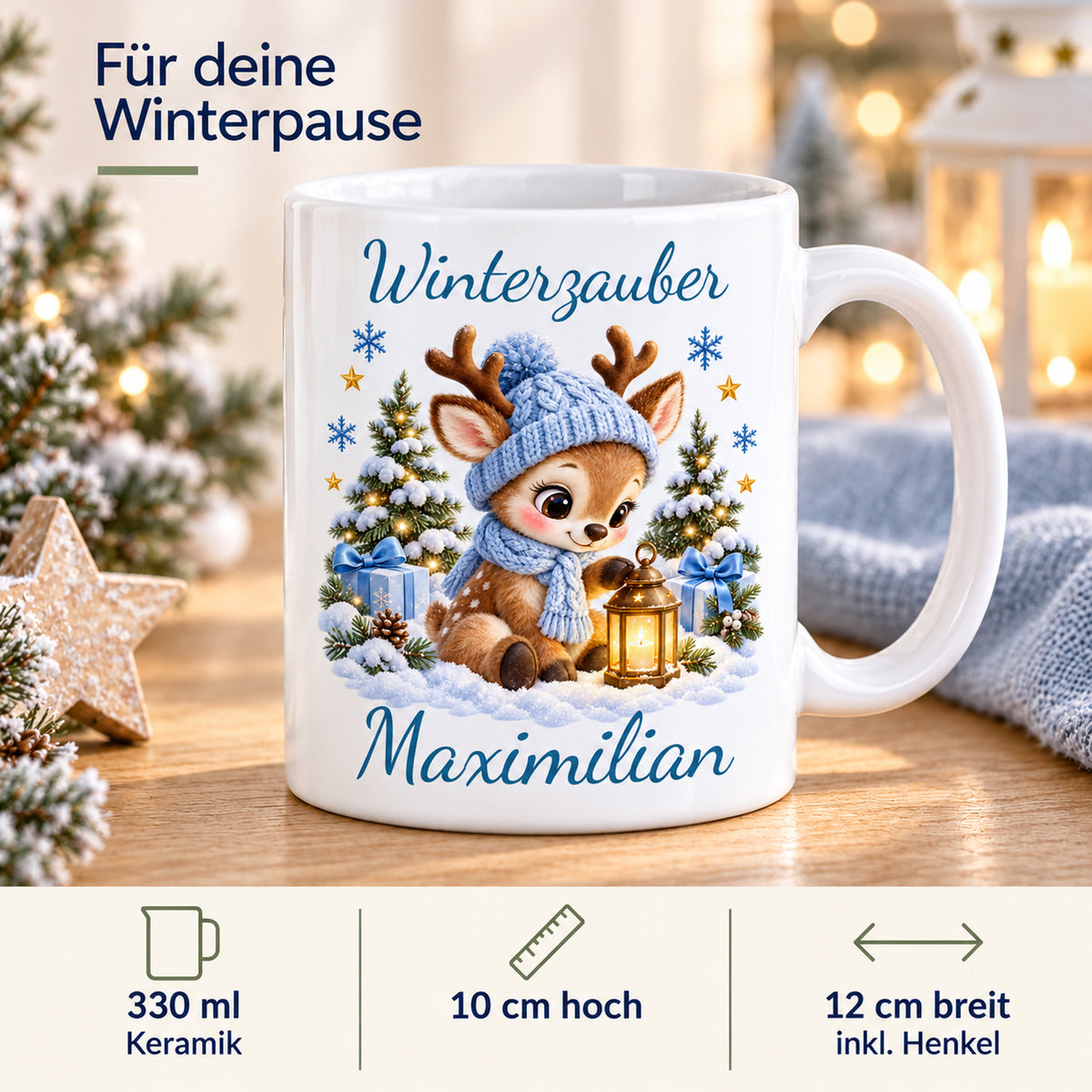 Tasse Rentier mit Namen – Mit Laterne Hellblau – Produktansicht 4, Beispielname Maximilian