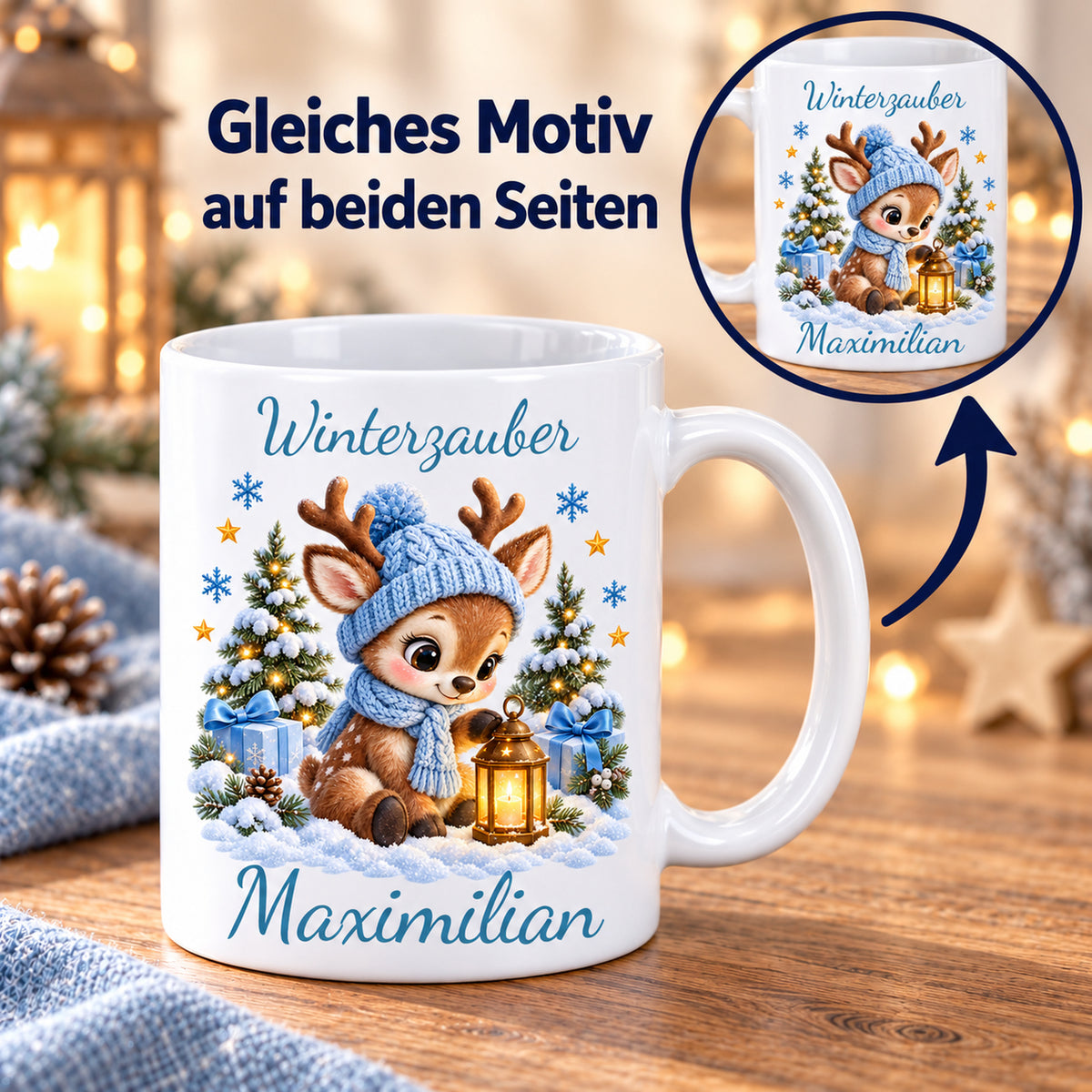 Tasse Rentier mit Namen – Mit Laterne Hellblau – Produktansicht 6, Beispielname Maximilian