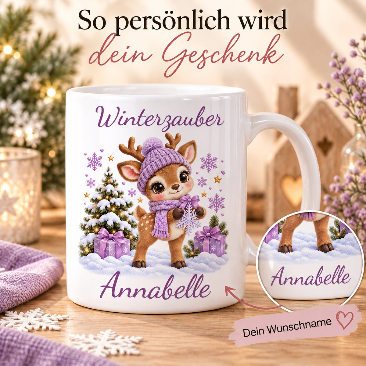 Tasse Rentier mit Namen – Mit Schneeflocke Flieder – Produktansicht 5, Beispielname Annabelle