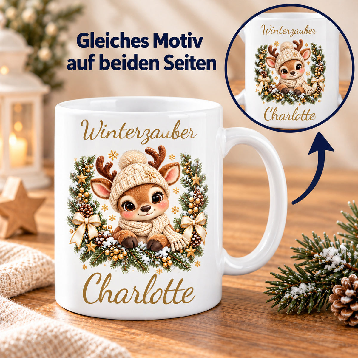 Tasse Rentier mit Namen – Im Winterkranz Creme/Gold – Produktansicht 6, Beispielname Charlotte
