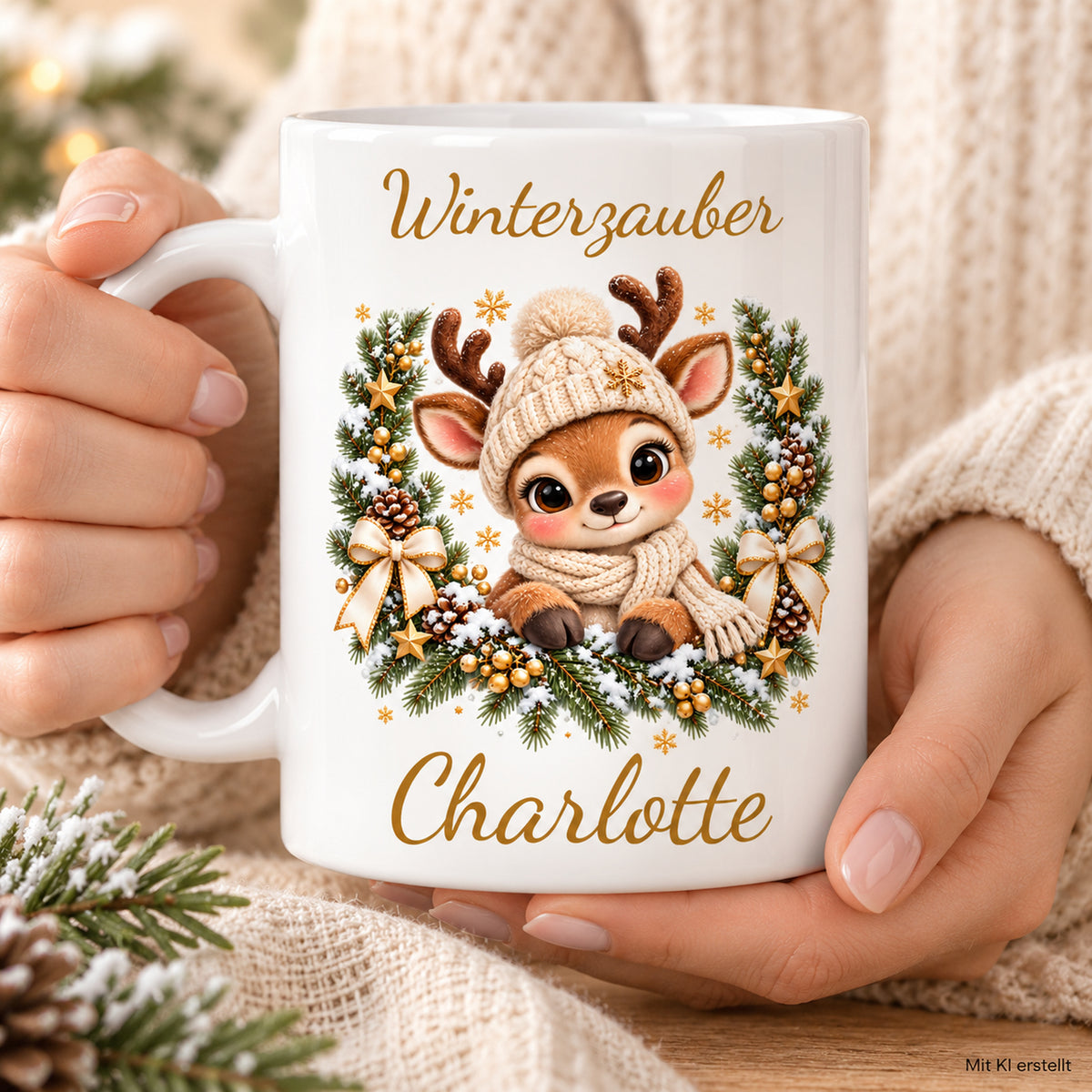 Tasse Rentier mit Namen – Im Winterkranz Creme/Gold – Produktansicht 7, Beispielname Charlotte