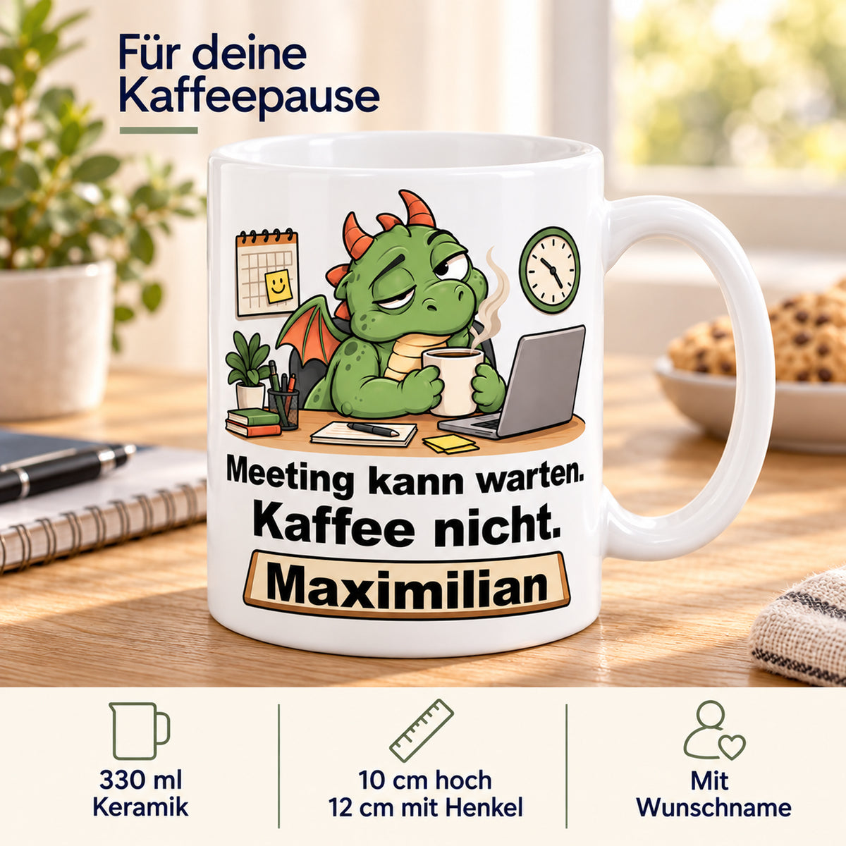 Personalisierte weiße Drachentasse mit Grüner Bürodrache, Spruch „Meeting kann warten. Kaffee nicht.“ und Wunschname – Produktdaten