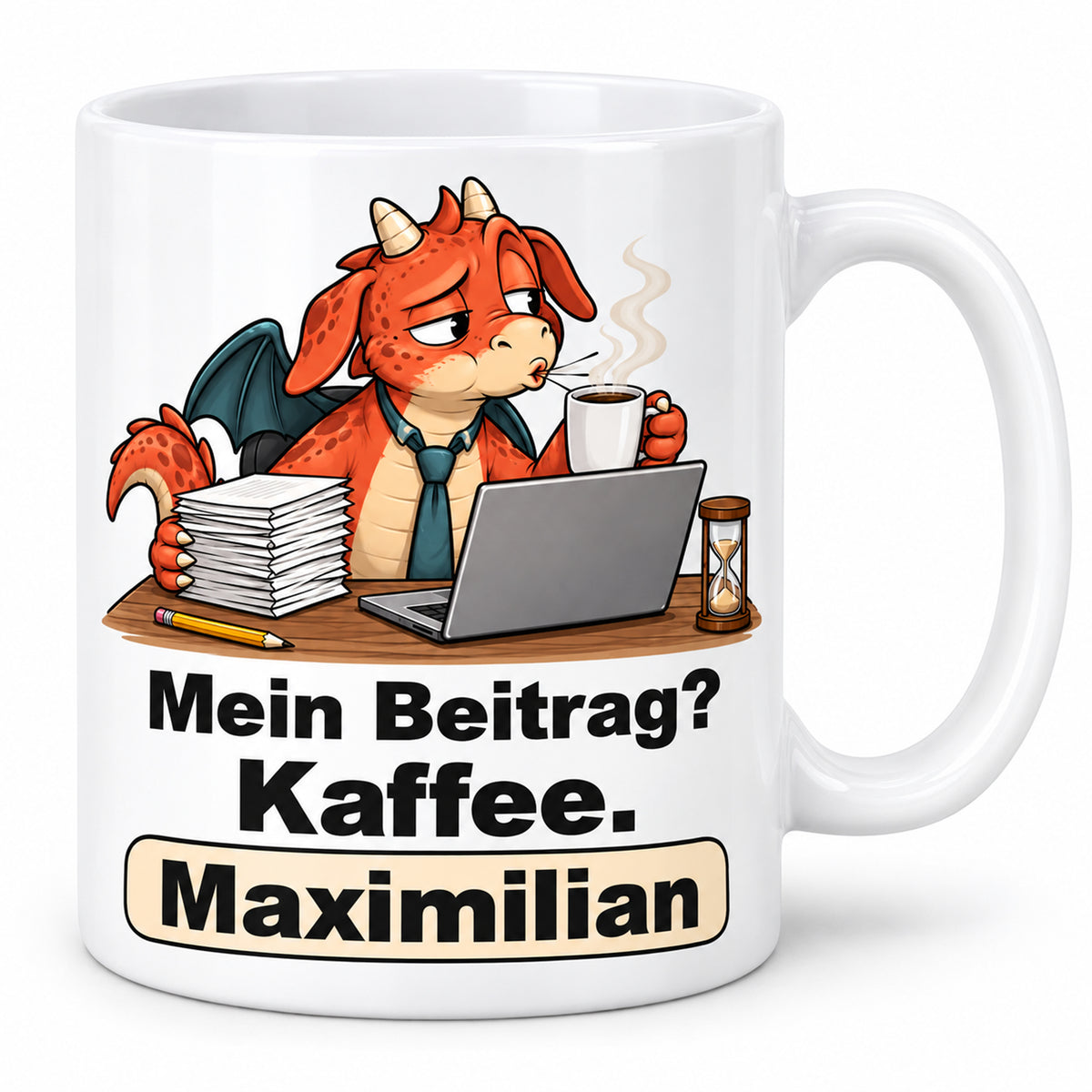 Personalisierte weiße Drachentasse mit Roter Beitragsdrache, Spruch „Mein Beitrag? Kaffee.“ und Wunschname – Hauptansicht