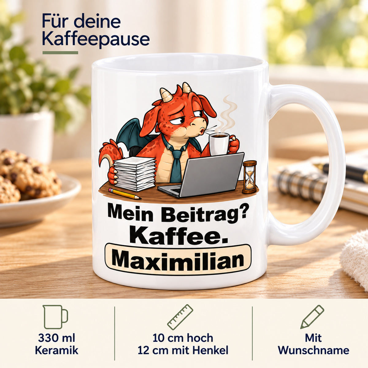 Personalisierte weiße Drachentasse mit Roter Beitragsdrache, Spruch „Mein Beitrag? Kaffee.“ und Wunschname – Produktdaten