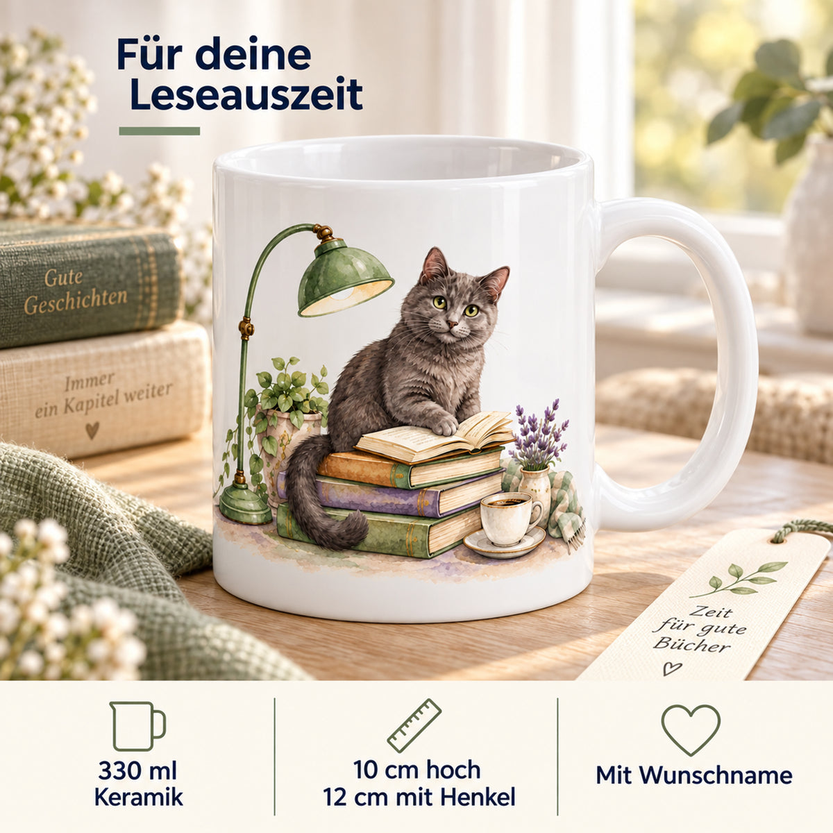 Lesetasse mit Name – Die aufmerksame Leserin, Katze & Bücher, 330 ml – Bild 4