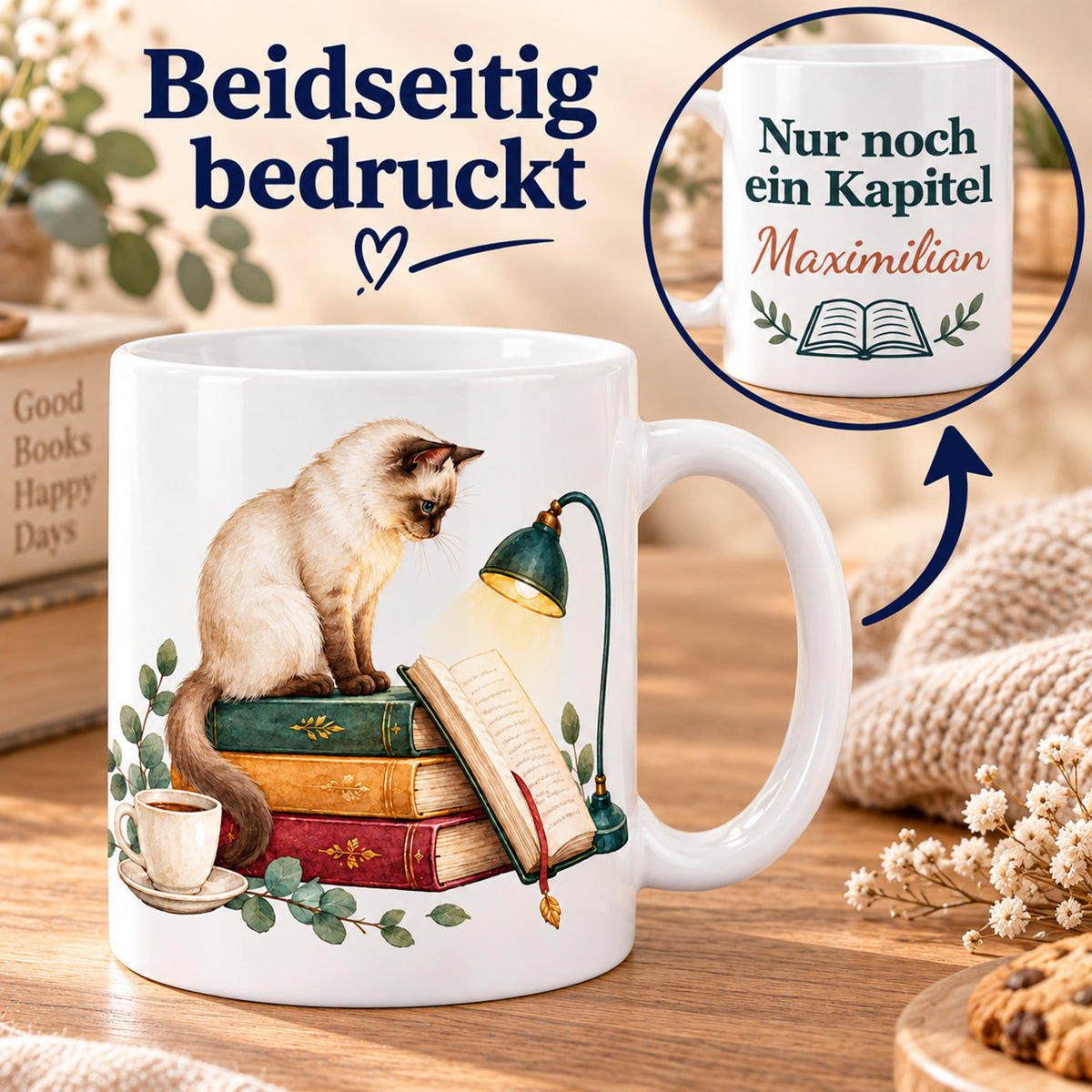 Lesetasse mit Name – Seite für Seite, Katze & Bücher, 330 ml – Bild 6