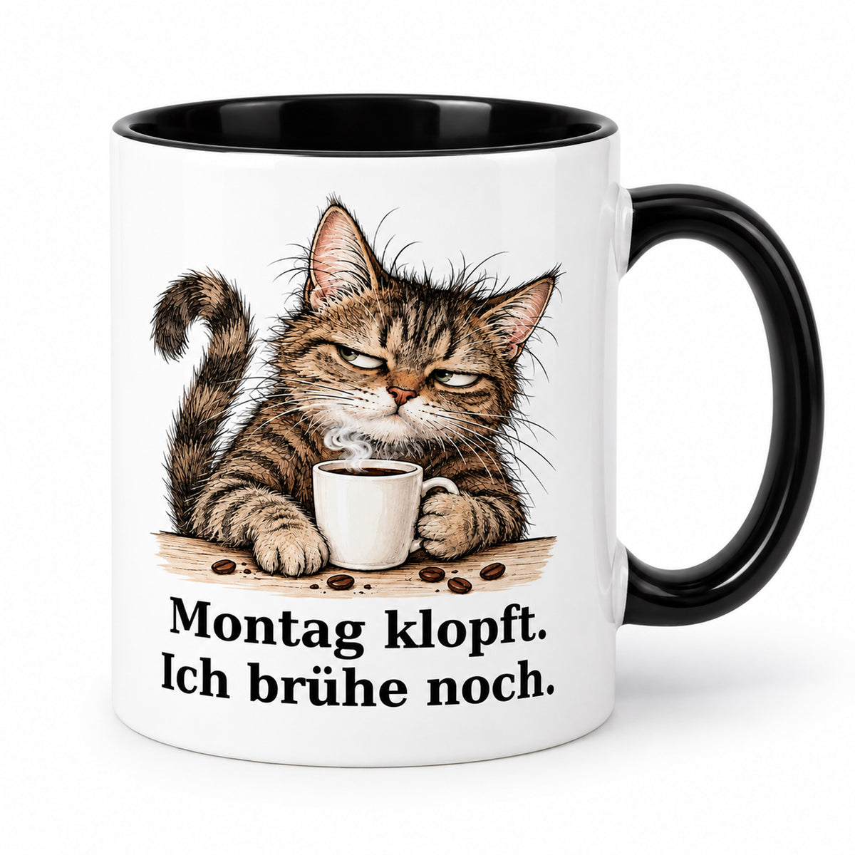 Montag vor der Tür – Hauptansicht: weiße Katzentasse mit schwarzem Henkel und Kaffeespruch