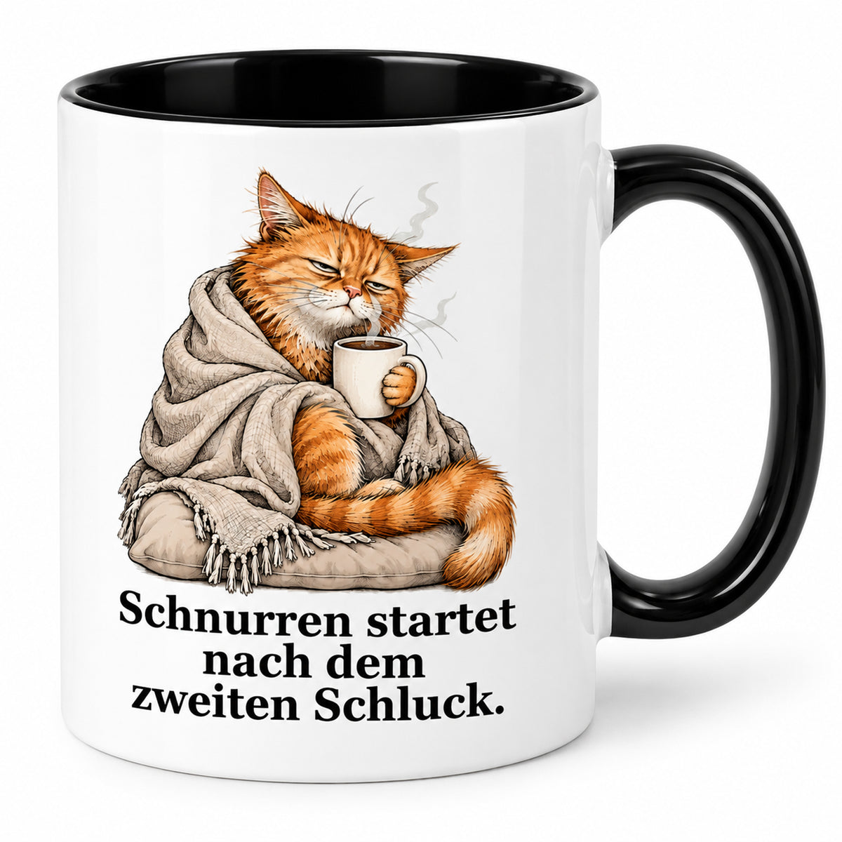 Schnurrstart – Hauptansicht: weiße Katzentasse mit schwarzem Henkel und Kaffeespruch
