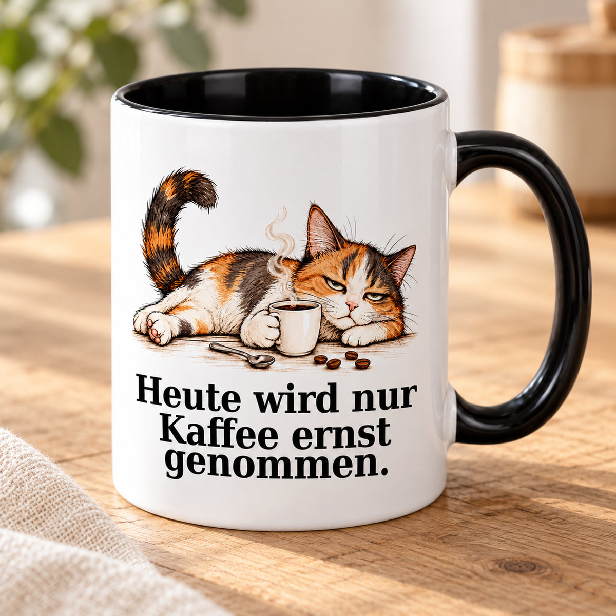Kaffee hat Vorrang – Schrägansicht: weiße Katzentasse mit schwarzem Henkel und Kaffeespruch
