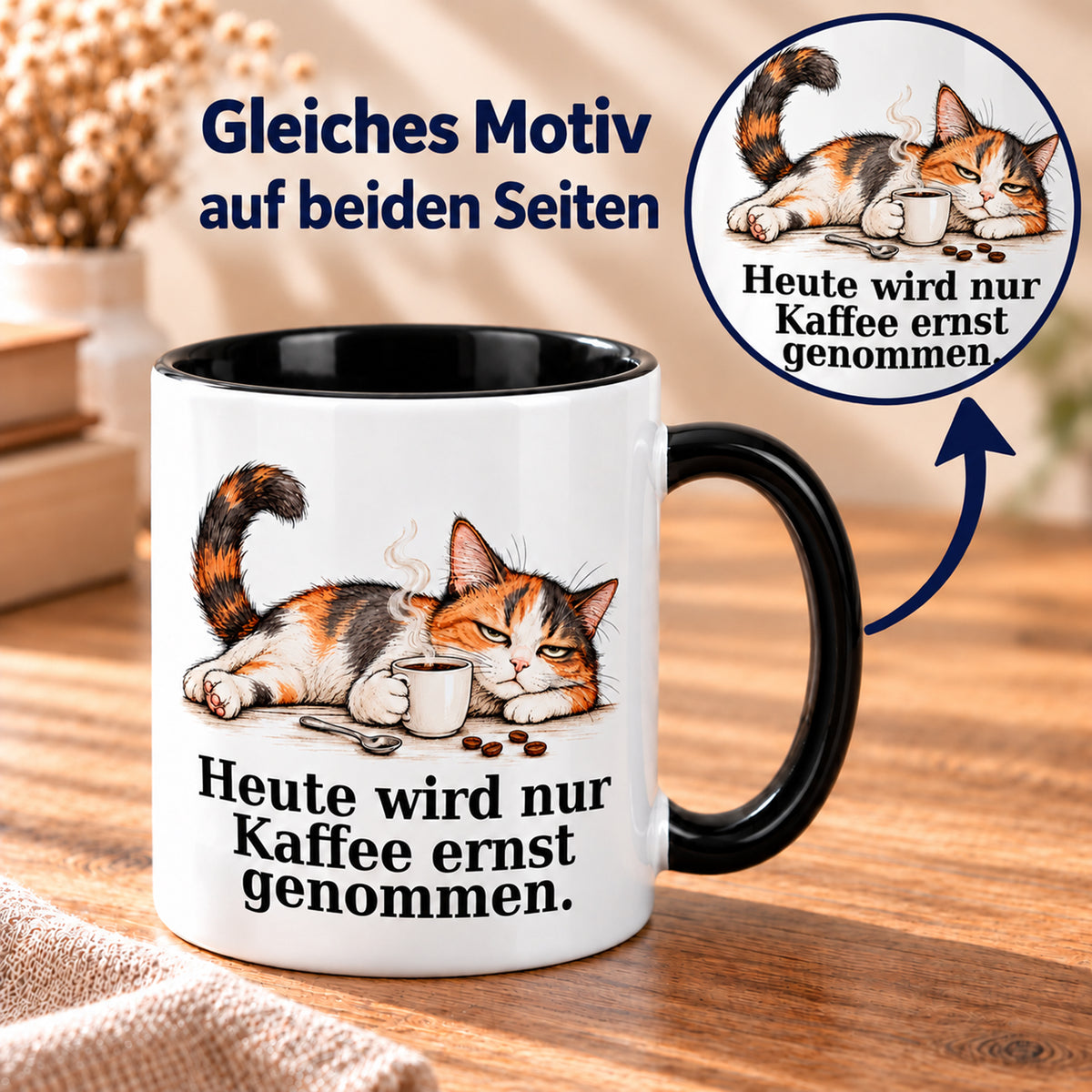 Kaffee hat Vorrang – Beidseitiger Druck: weiße Katzentasse mit schwarzem Henkel und Kaffeespruch