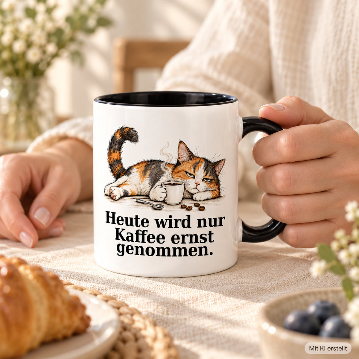 Kaffee hat Vorrang – Nutzungsszene mit Händen: weiße Katzentasse mit schwarzem Henkel und Kaffeespruch