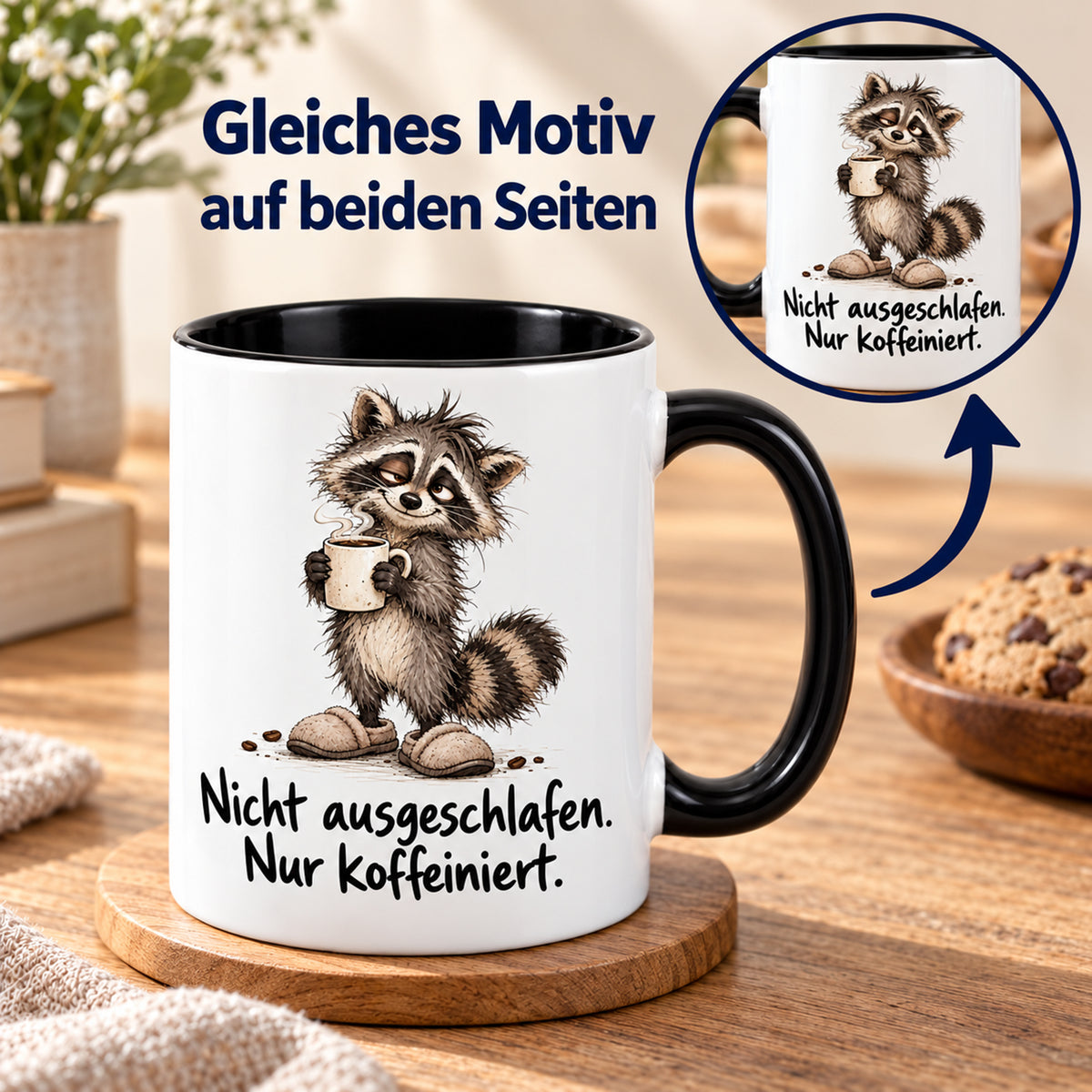 Waschbär-Tasse Morgenstart, Ansicht 6, weiß mit schwarzem Henkel und schwarzer Innenseite