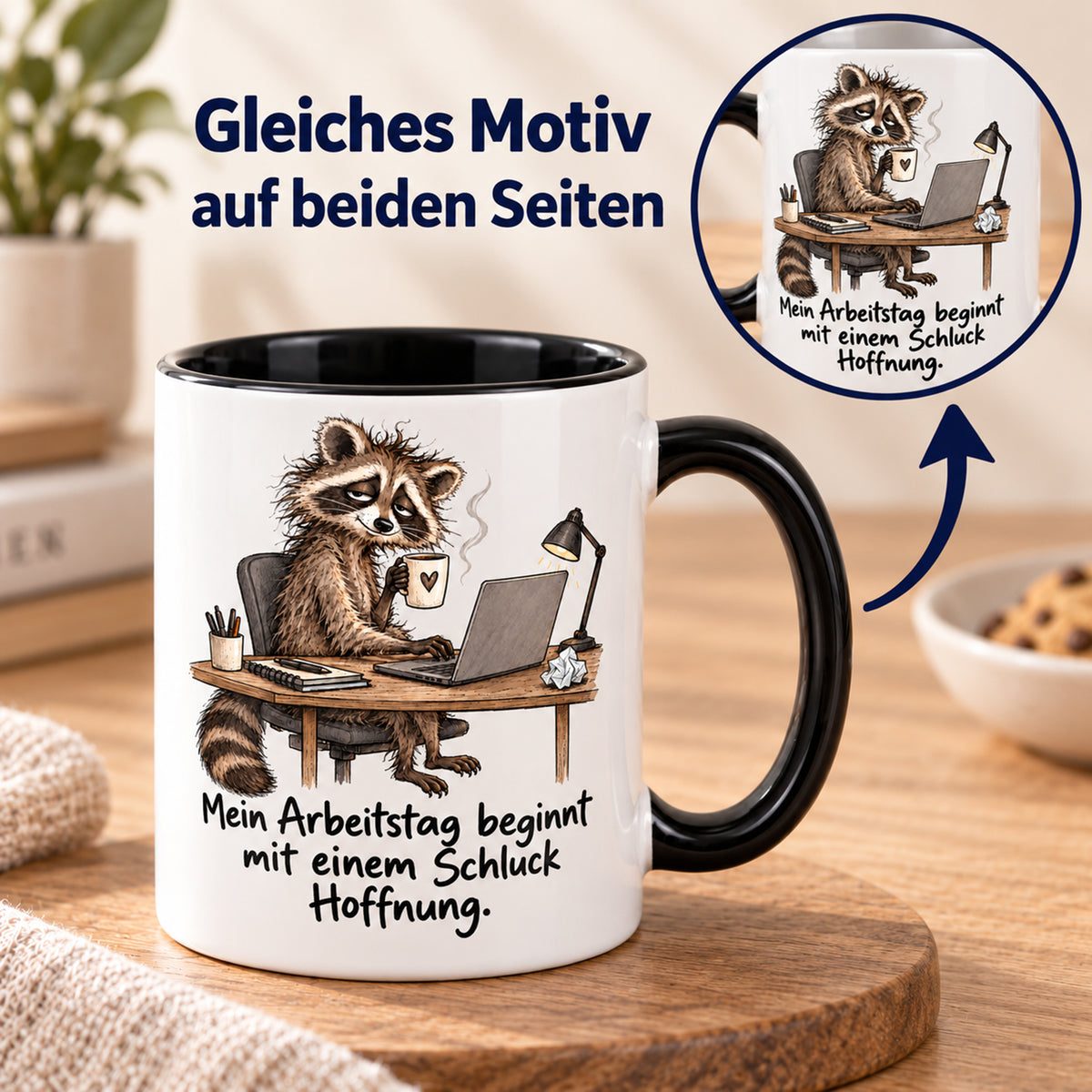 Waschbär-Tasse Bürostart, Ansicht 6, weiß mit schwarzem Henkel und schwarzer Innenseite