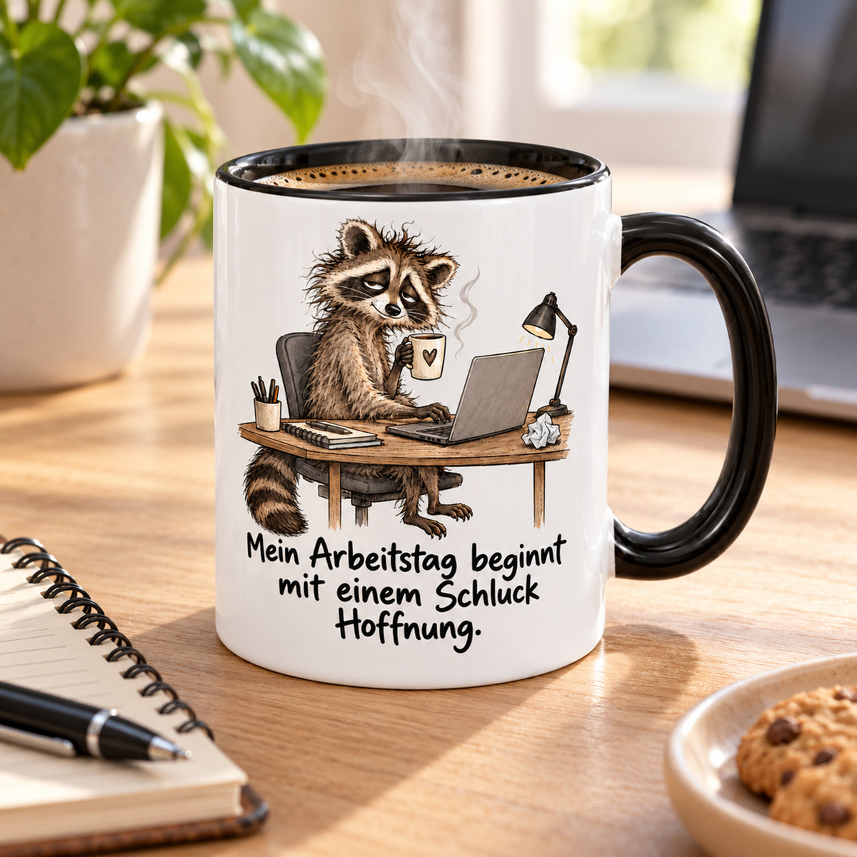 Waschbär-Tasse Bürostart, Ansicht 8, weiß mit schwarzem Henkel und schwarzer Innenseite