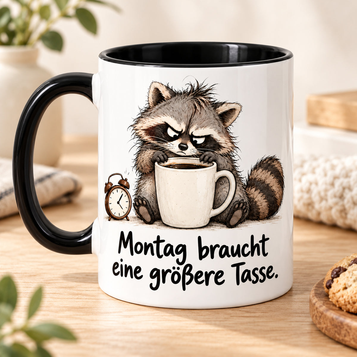 Waschbär-Tasse Montag, Ansicht 2, weiß mit schwarzem Henkel und schwarzer Innenseite