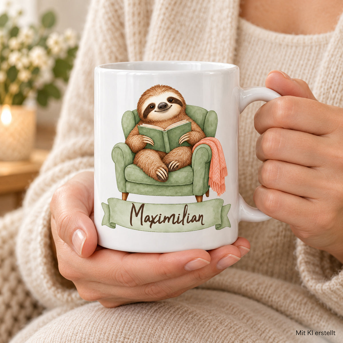 Faultier-Tasse Lesepause – Tasse in Händen KI-Beispiel