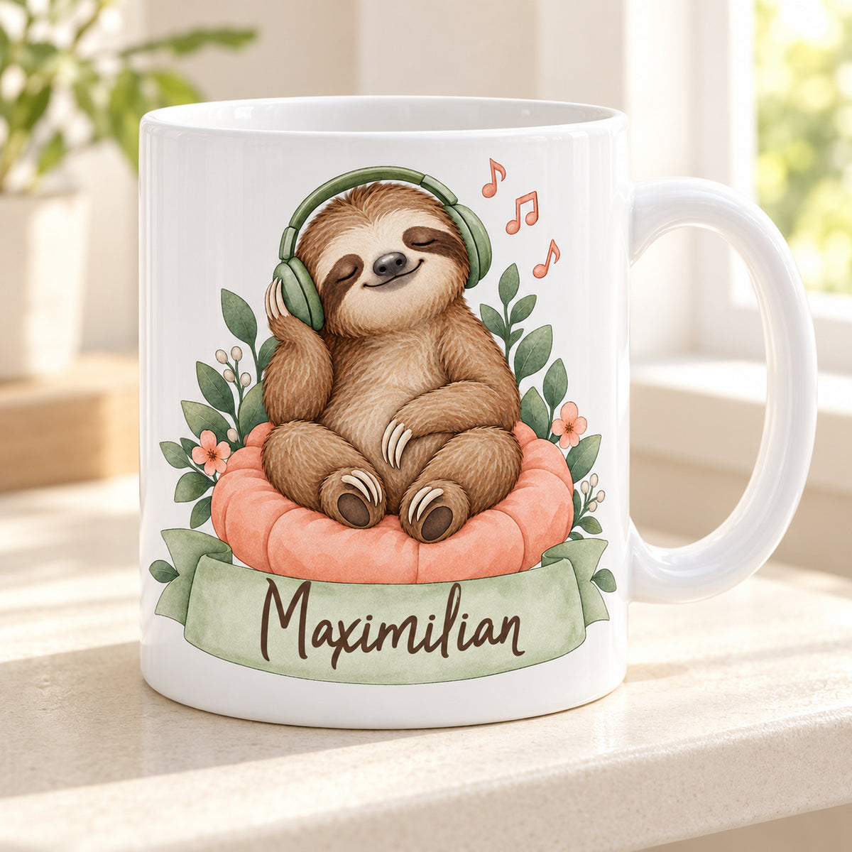 Personalisierte weiße Faultier-Tasse Musik genießen mit dem Namen Maximilian