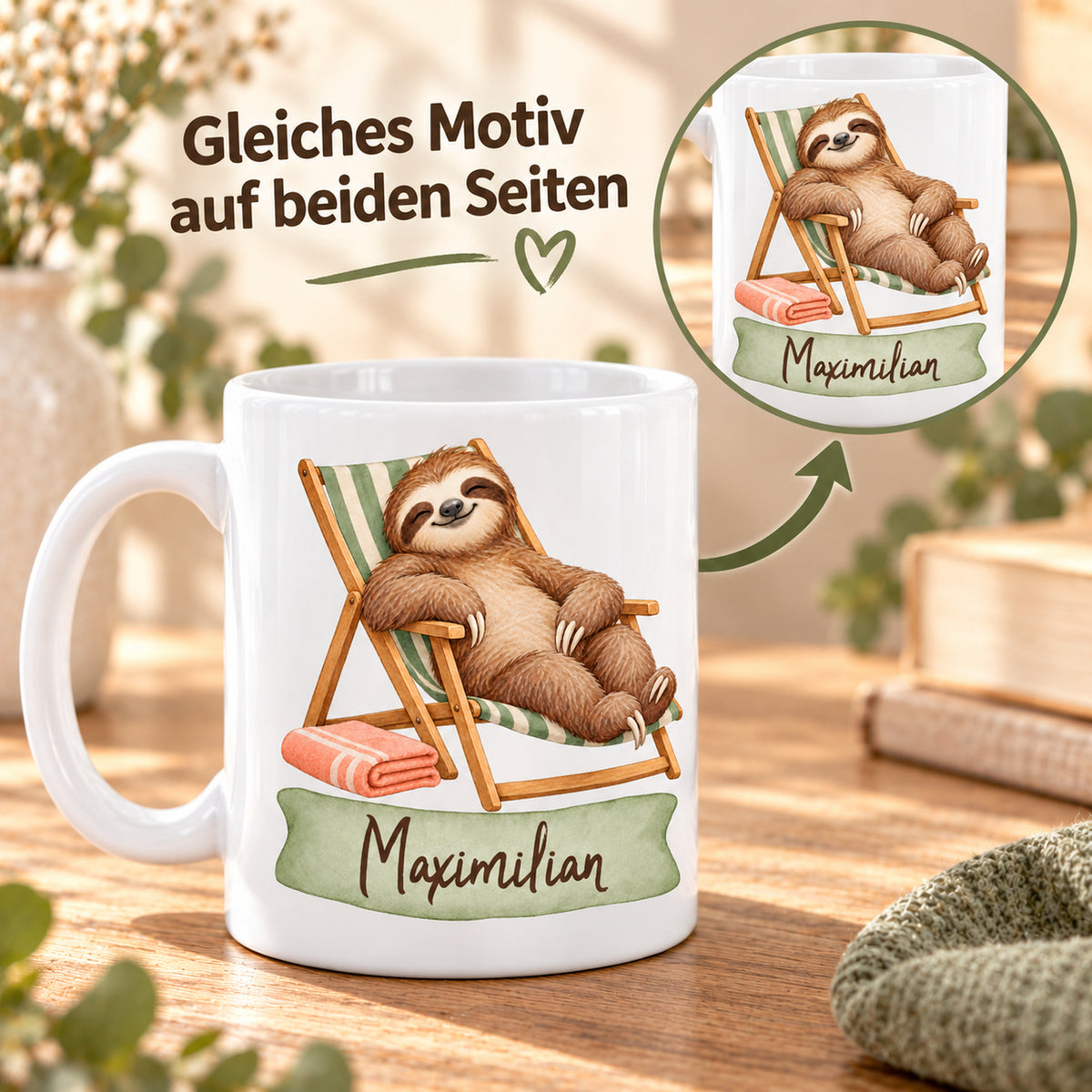 Faultier-Tasse Entspannt im Liegestuhl – Beidseitiger Druck