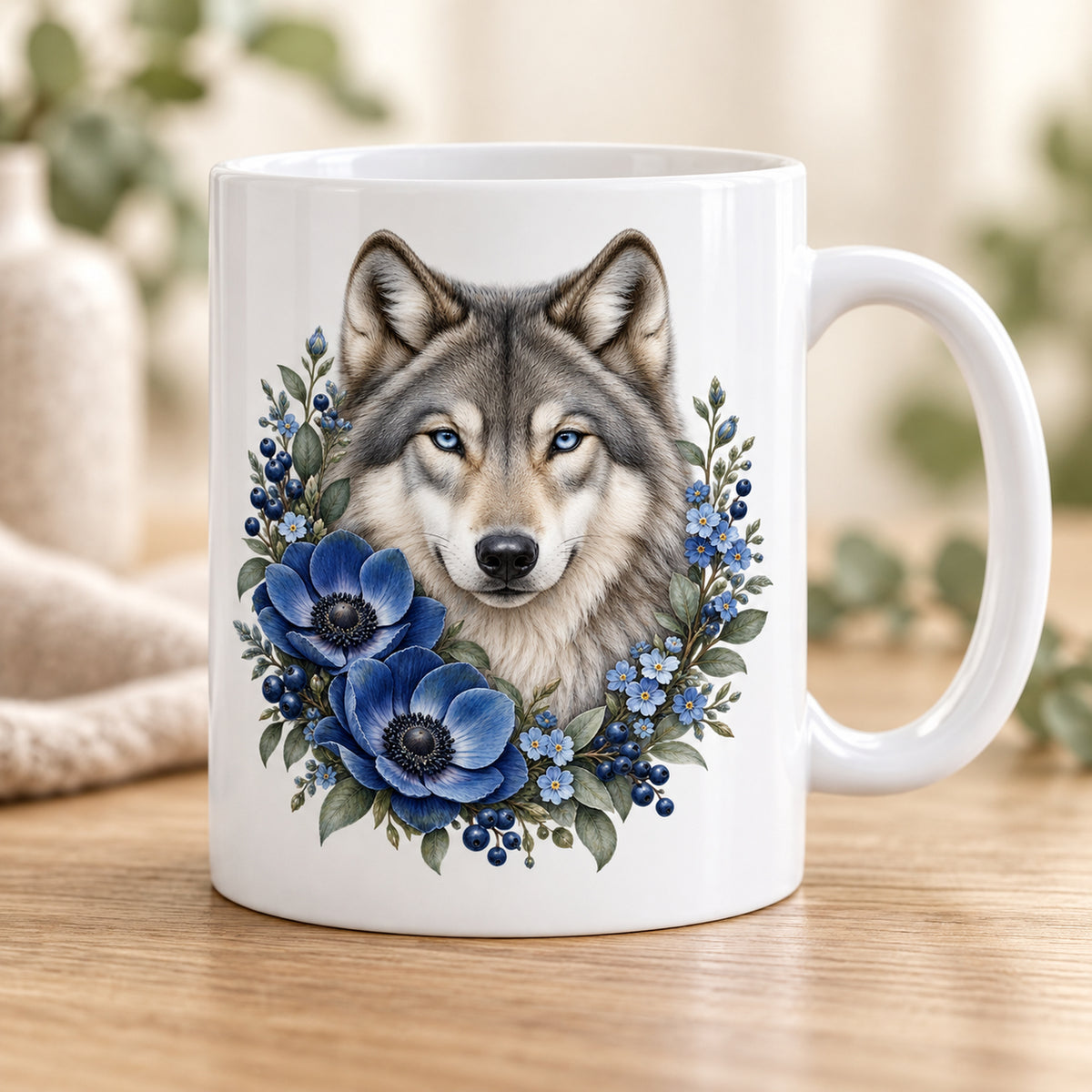 Weiße Wolf-Tasse Blauer Blütenzauber mit blauen Blumen, Vorderansicht