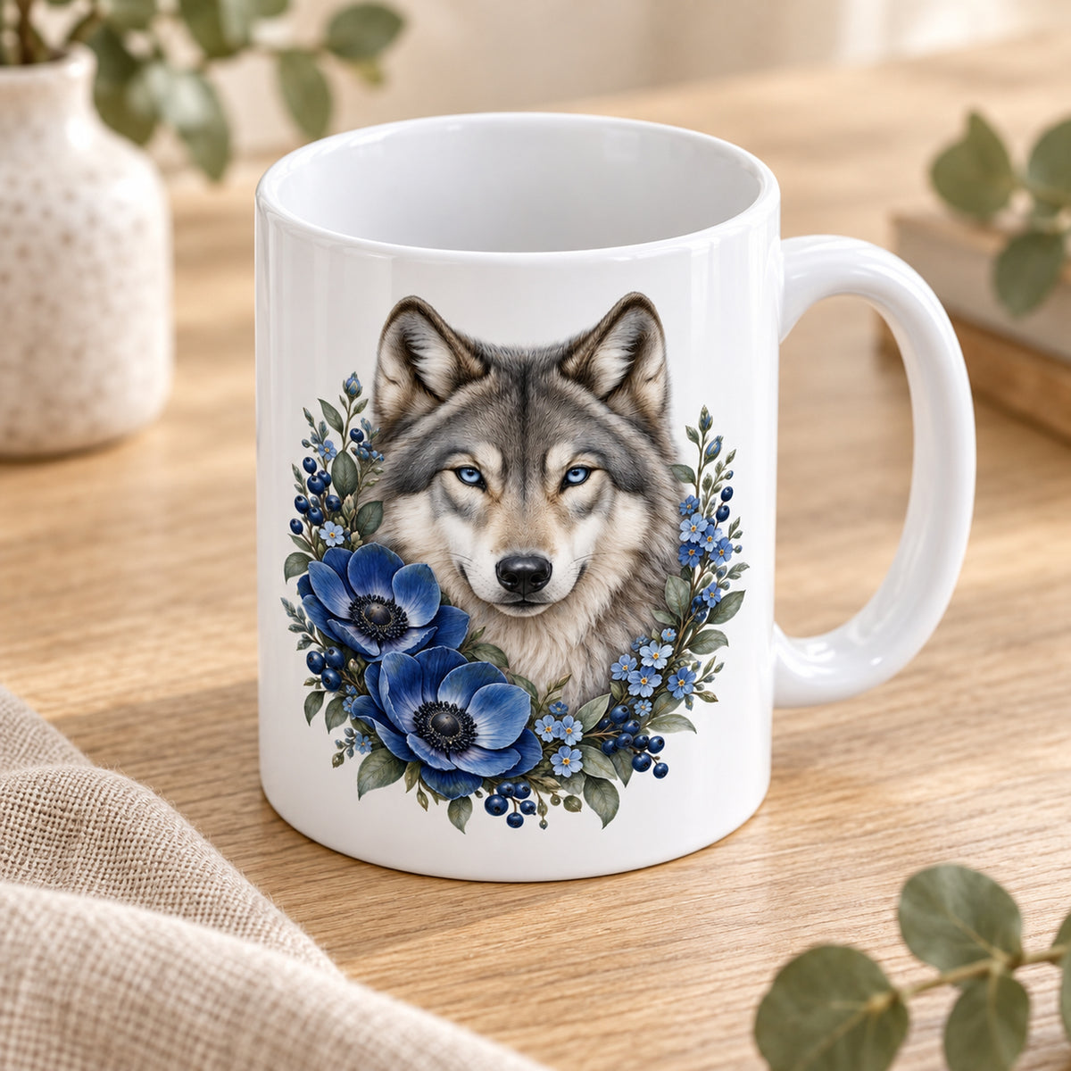 Weiße Wolf-Tasse Blauer Blütenzauber mit blauen Blumen – Seitenansicht