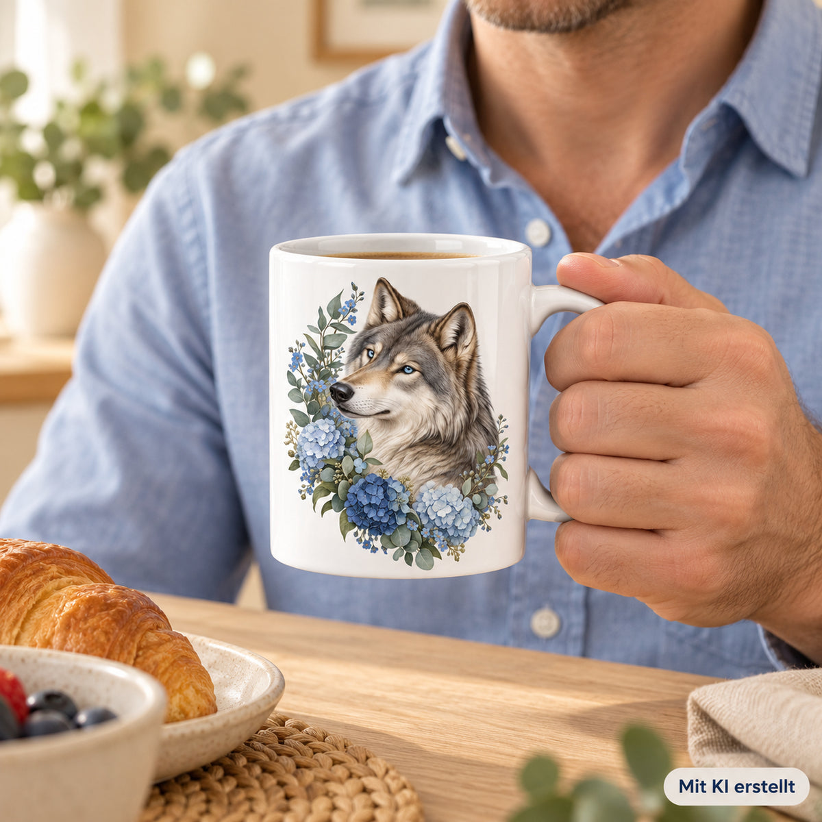 Weiße Wolf-Tasse Waldblau mit blauen Blumen – Tasse in den Händen