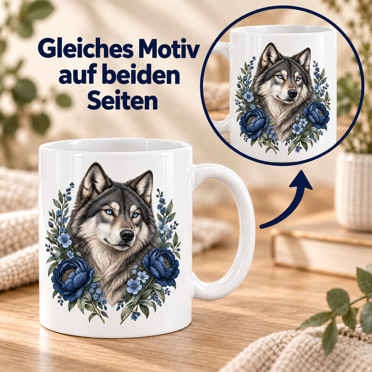 Weiße Wolf-Tasse Silbernacht mit blauen Blumen – Beidseitiger Druck