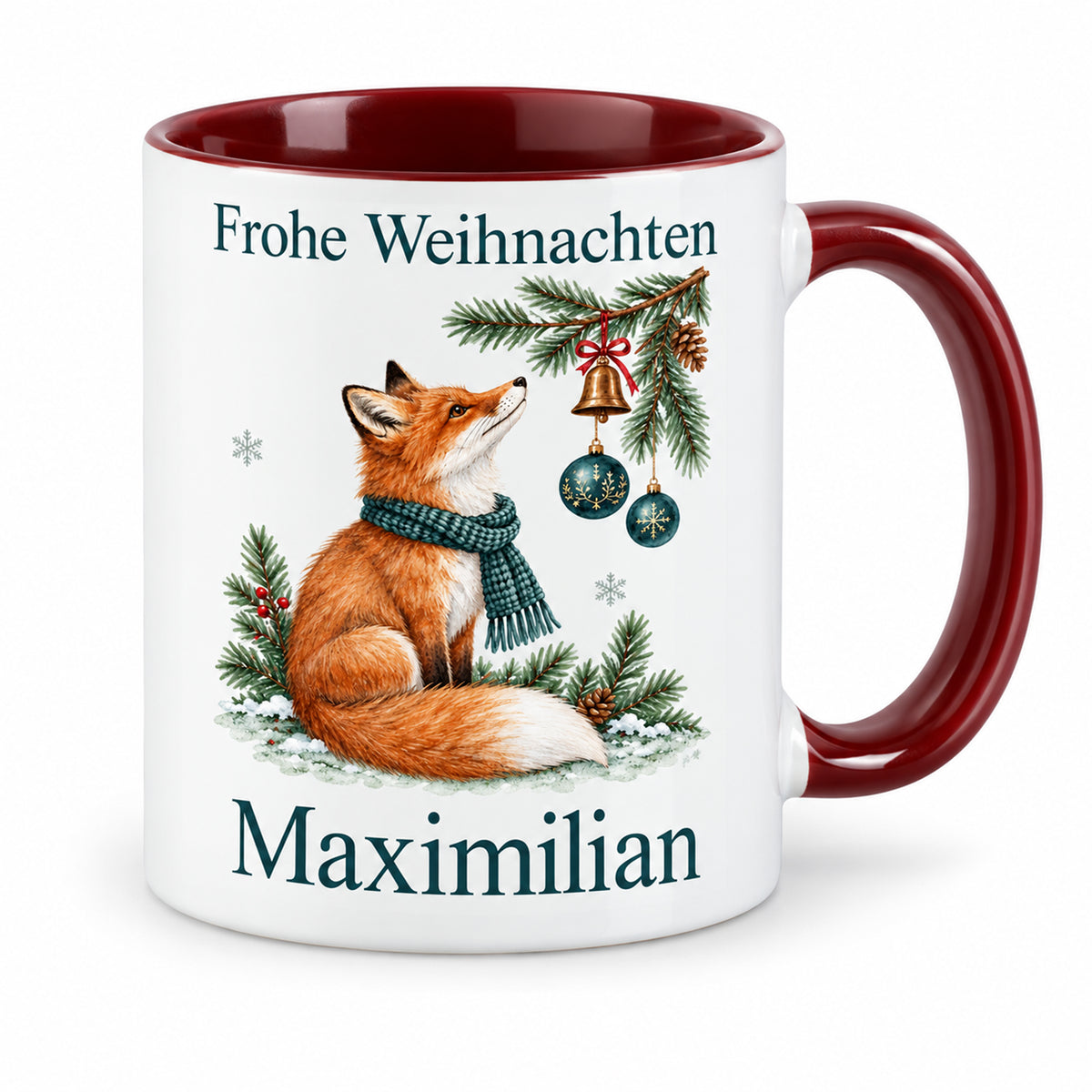Fuchs – Dreiviertelansicht der personalisierten Weihnachtstasse