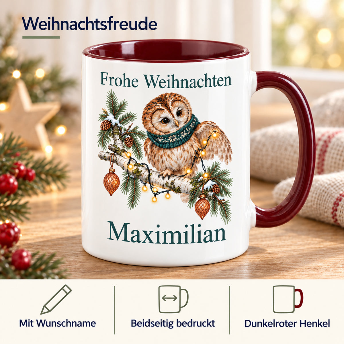 Eule – Eigenschaften der personalisierten Weihnachtstasse