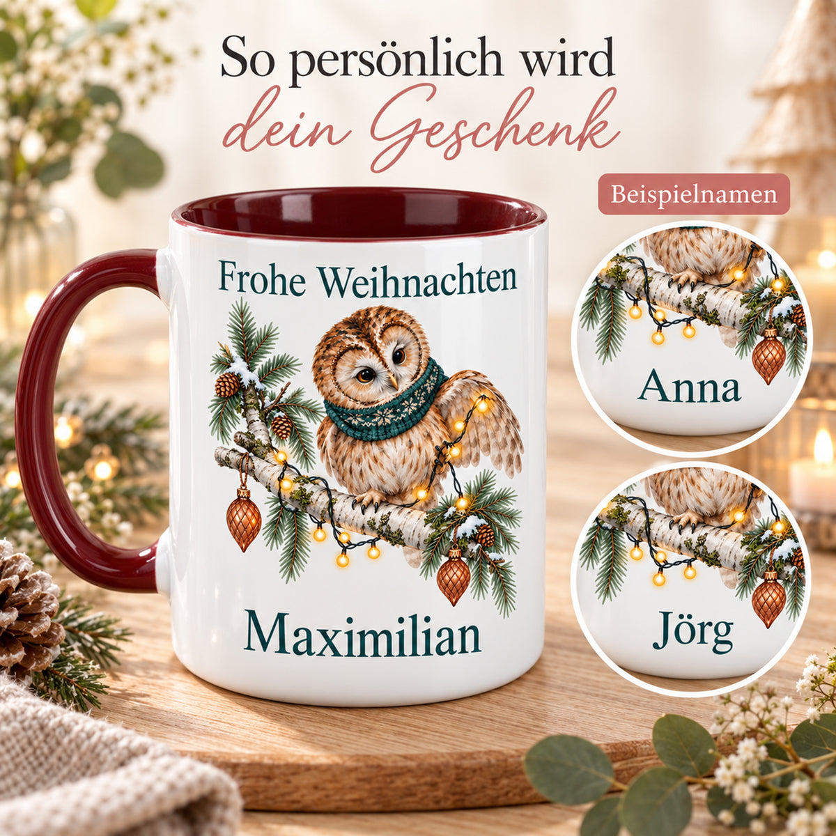 Eule – Personalisierung der personalisierten Weihnachtstasse
