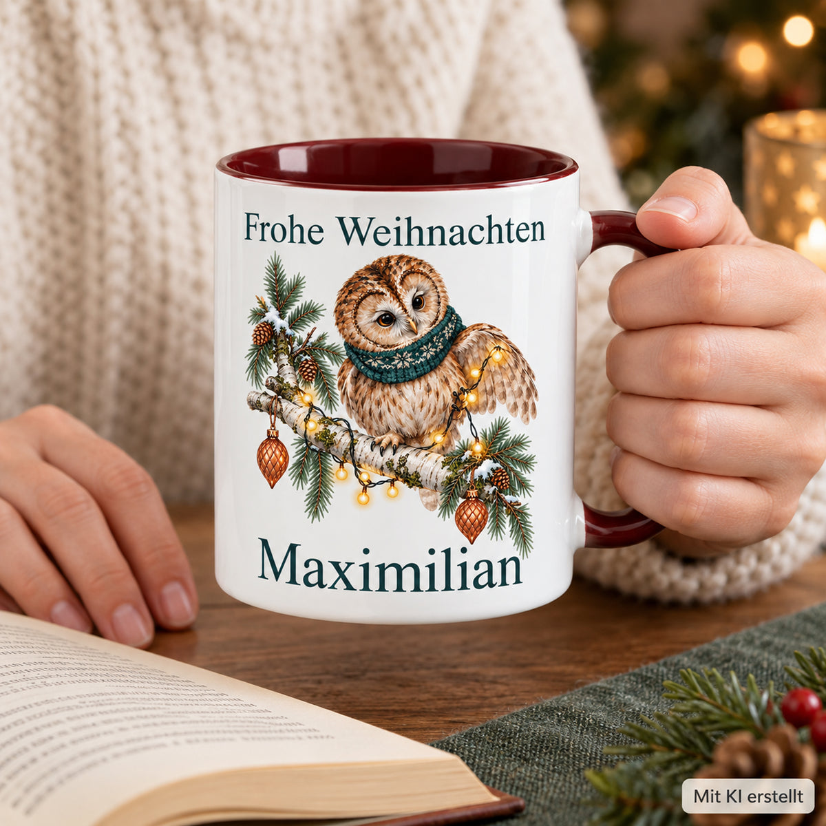 Eule – Tasse in Händen der personalisierten Weihnachtstasse