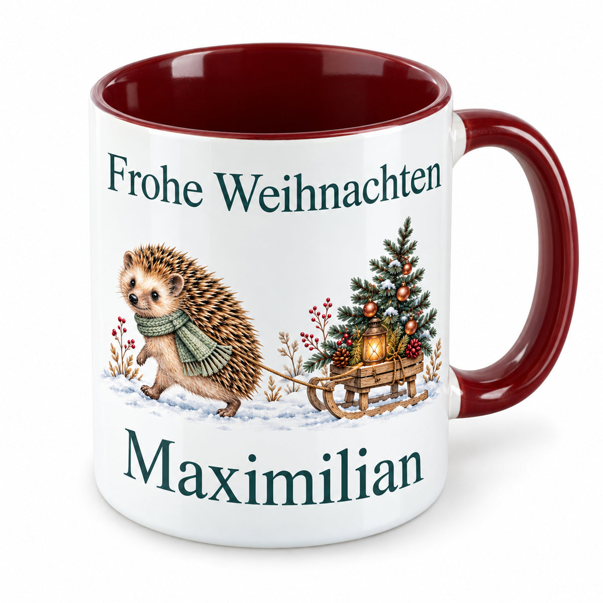 Igel – Dreiviertelansicht der personalisierten Weihnachtstasse
