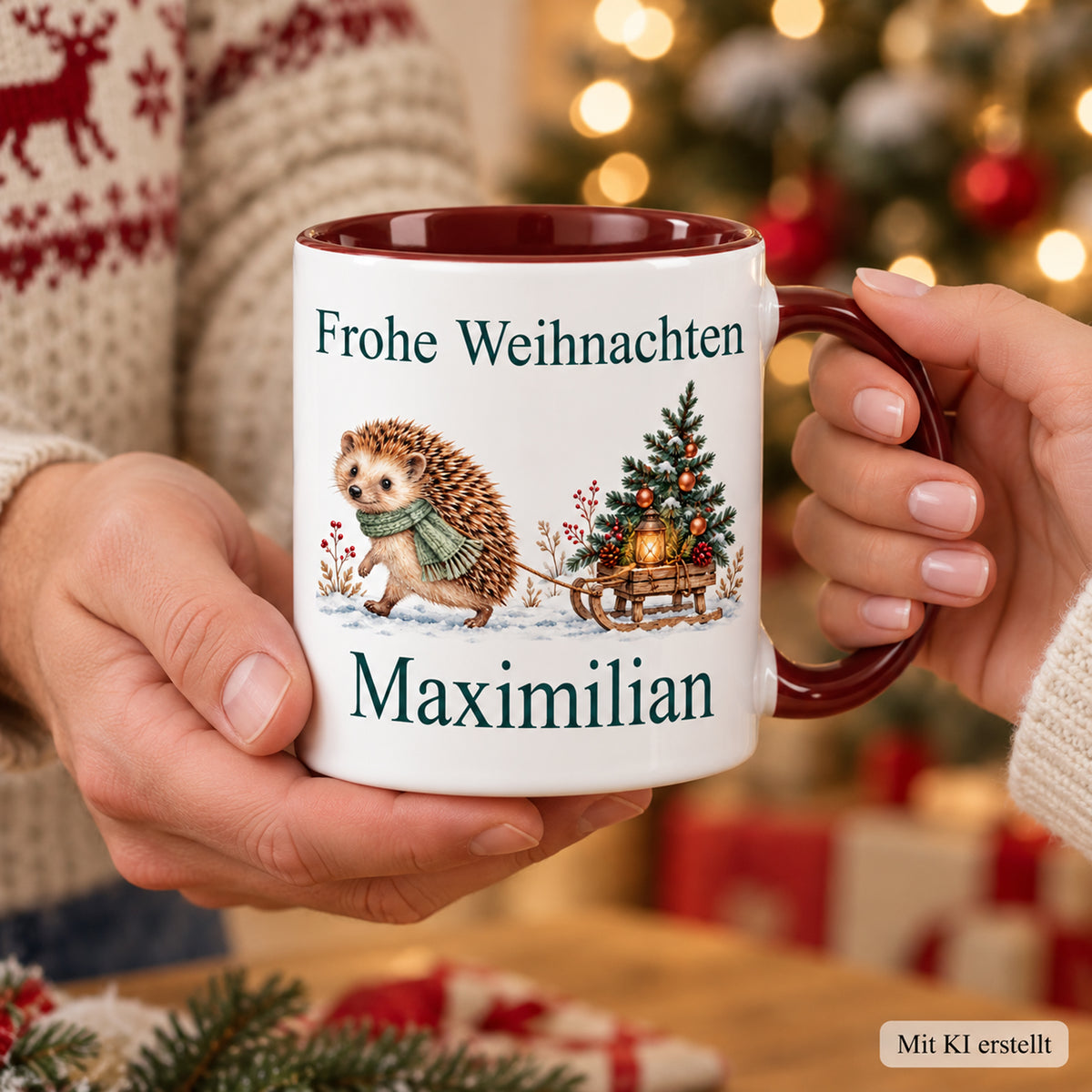 Igel – Tasse in Händen der personalisierten Weihnachtstasse