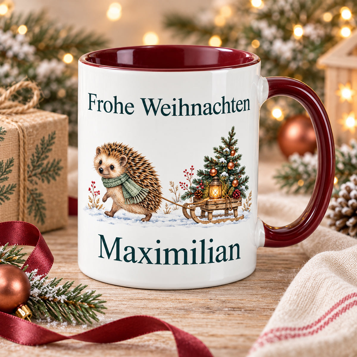 Igel – Weihnachtsszene der personalisierten Weihnachtstasse