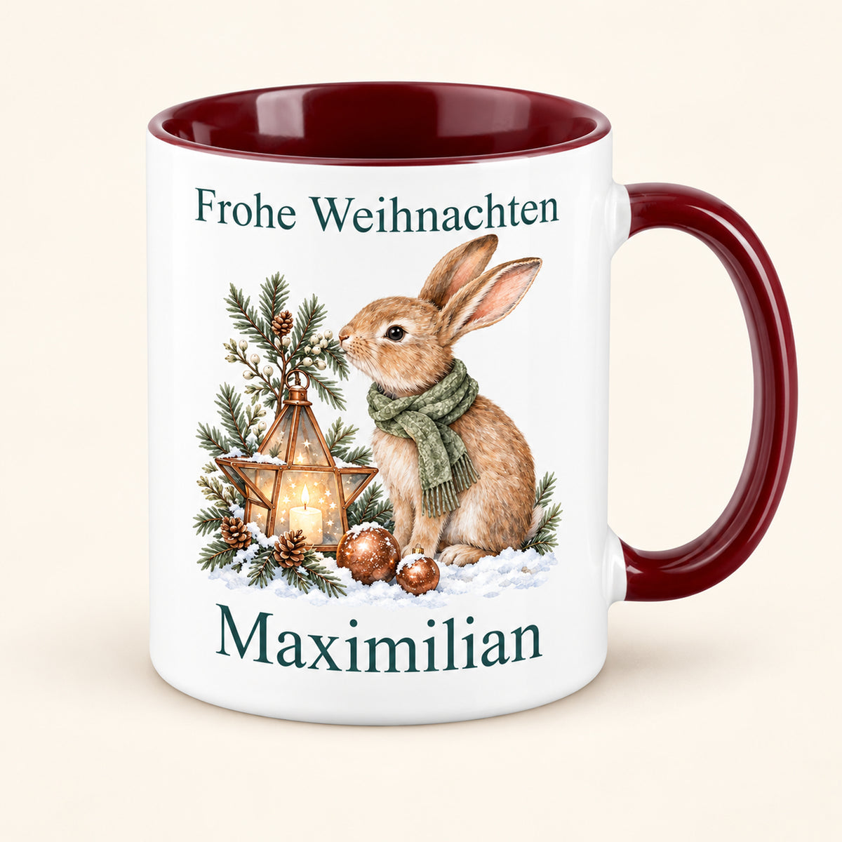 Hase – Dreiviertelansicht der personalisierten Weihnachtstasse